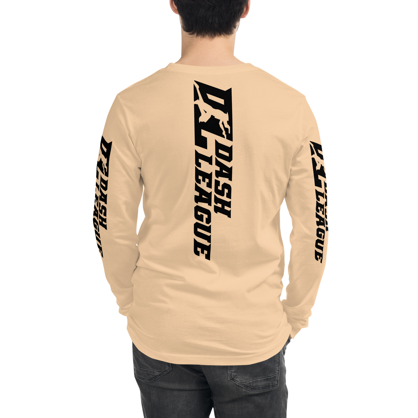 Camisa unisex de manga larga negra con logotipo DL ancho (parte delantera, trasera y mangas)