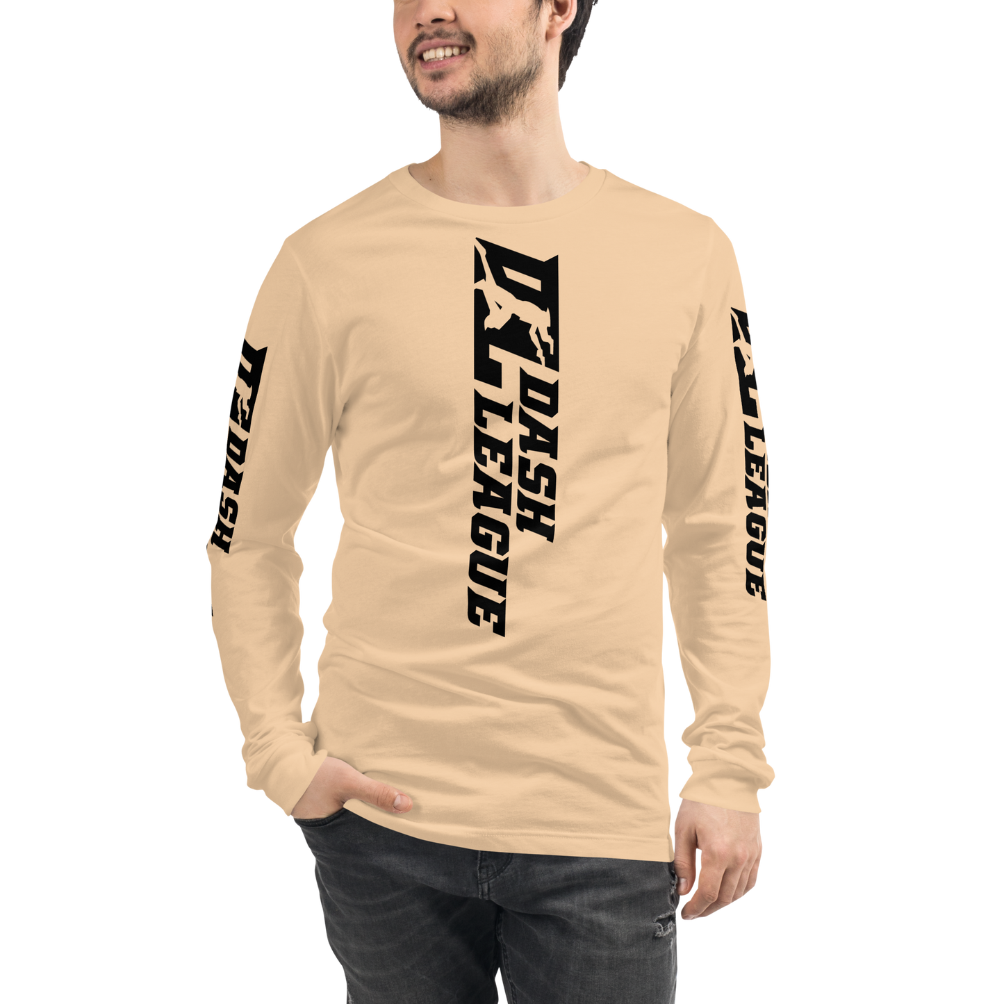 Camisa unisex de manga larga negra con logotipo DL ancho (parte delantera, trasera y mangas)