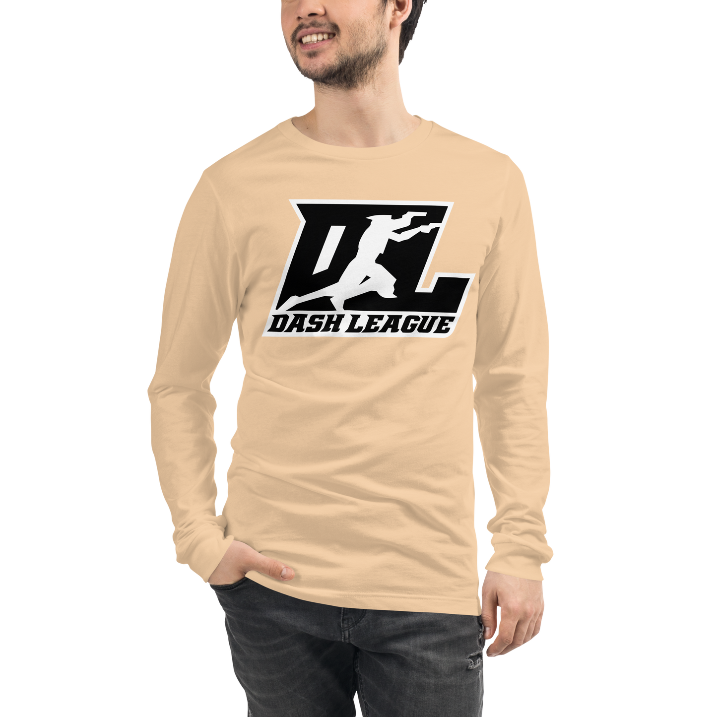 Camisa unisex de manga larga negra con logotipo DL en contorno blanco (parte delantera y trasera)