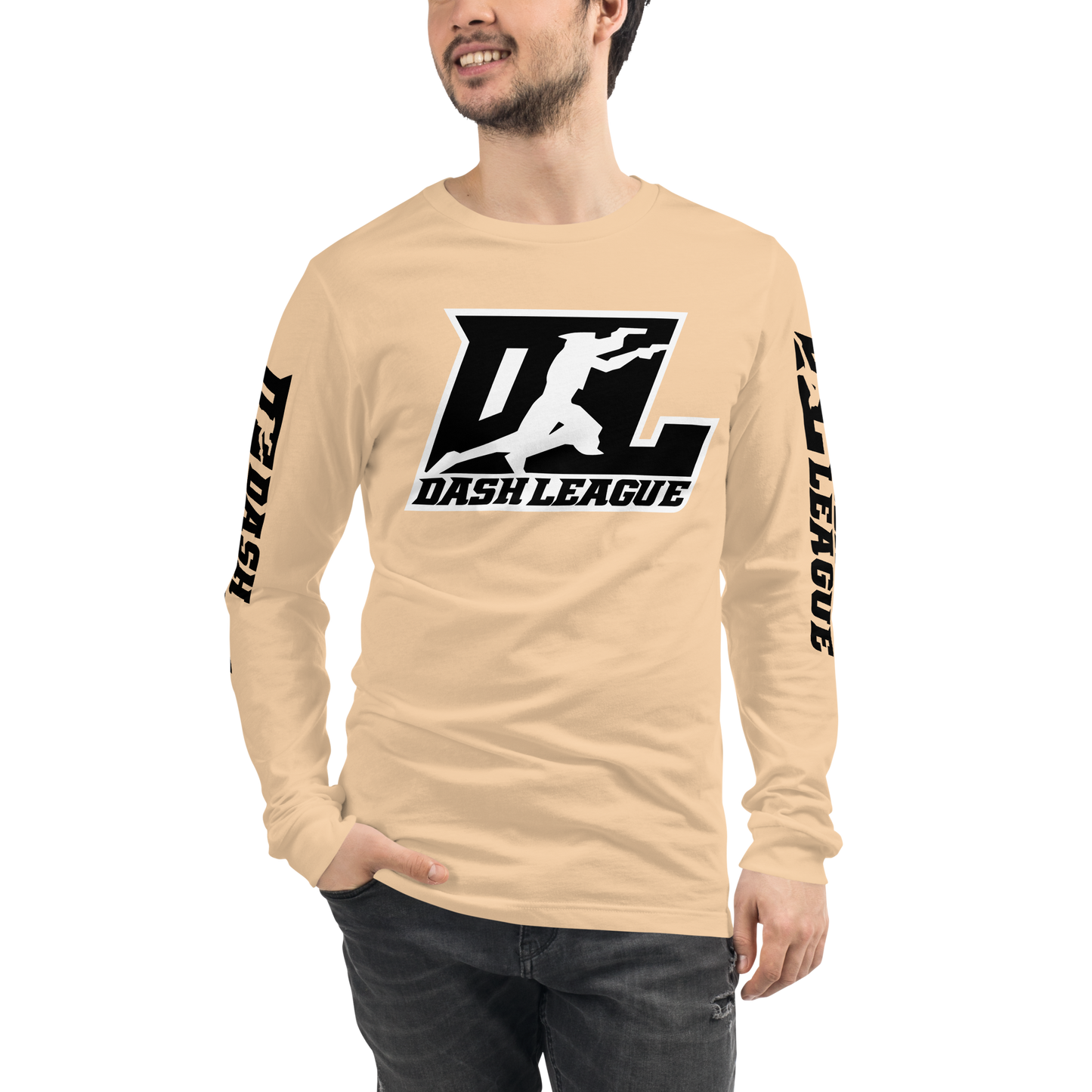 Camisa unisex de manga larga negra con logotipo DL en contorno blanco (parte delantera y mangas)