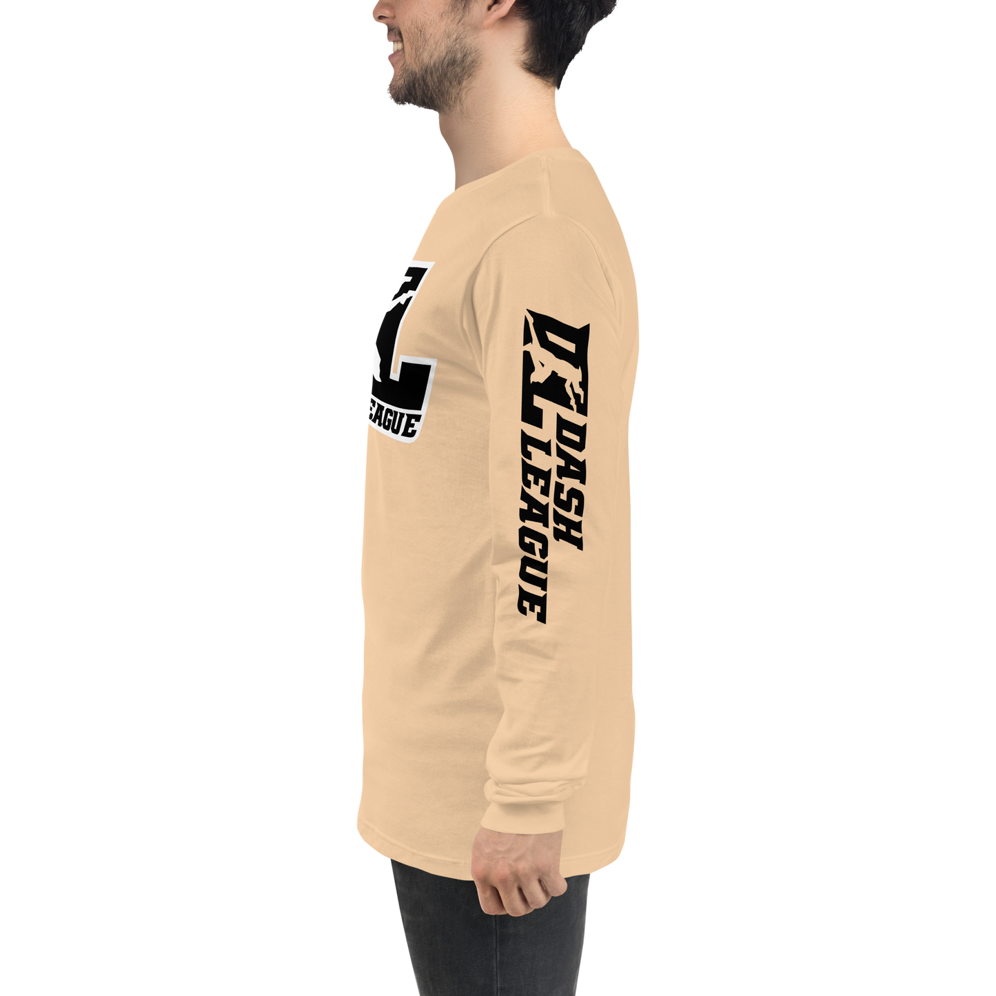 Camisa unisex de manga larga negra con logotipo DL en contorno blanco (parte delantera y mangas)