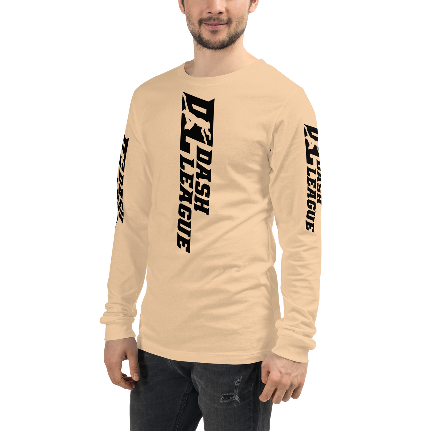 Camisa unisex de manga larga negra con logotipo DL ancho (parte delantera, trasera y mangas)
