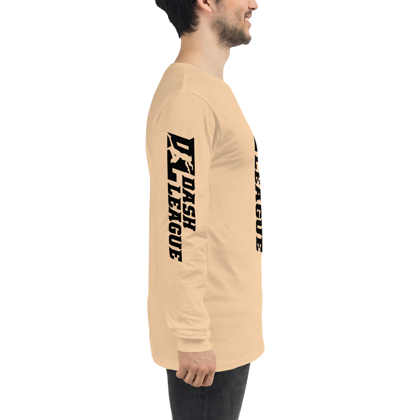 Camisa unisex de manga larga negra con logotipo DL ancho (parte delantera, trasera y mangas)
