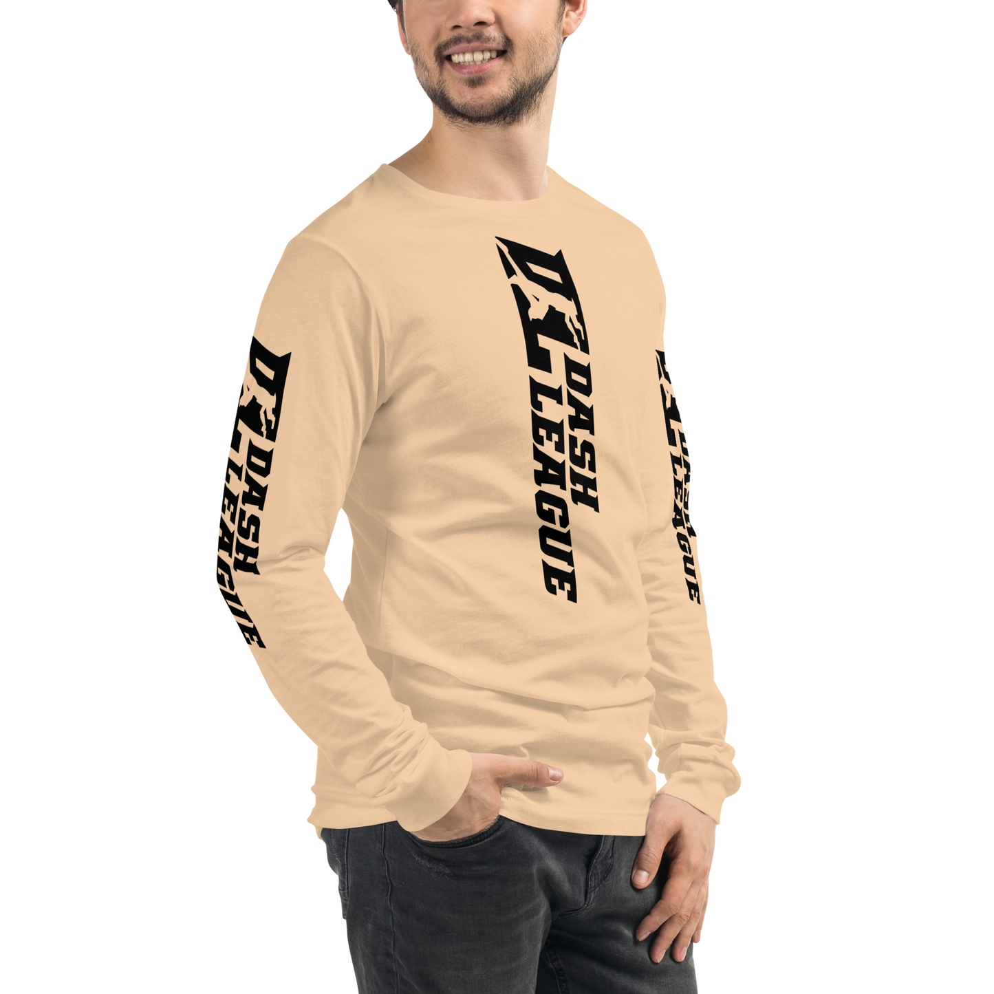 Camisa unisex de manga larga negra con logotipo DL ancho (parte delantera, trasera y mangas)