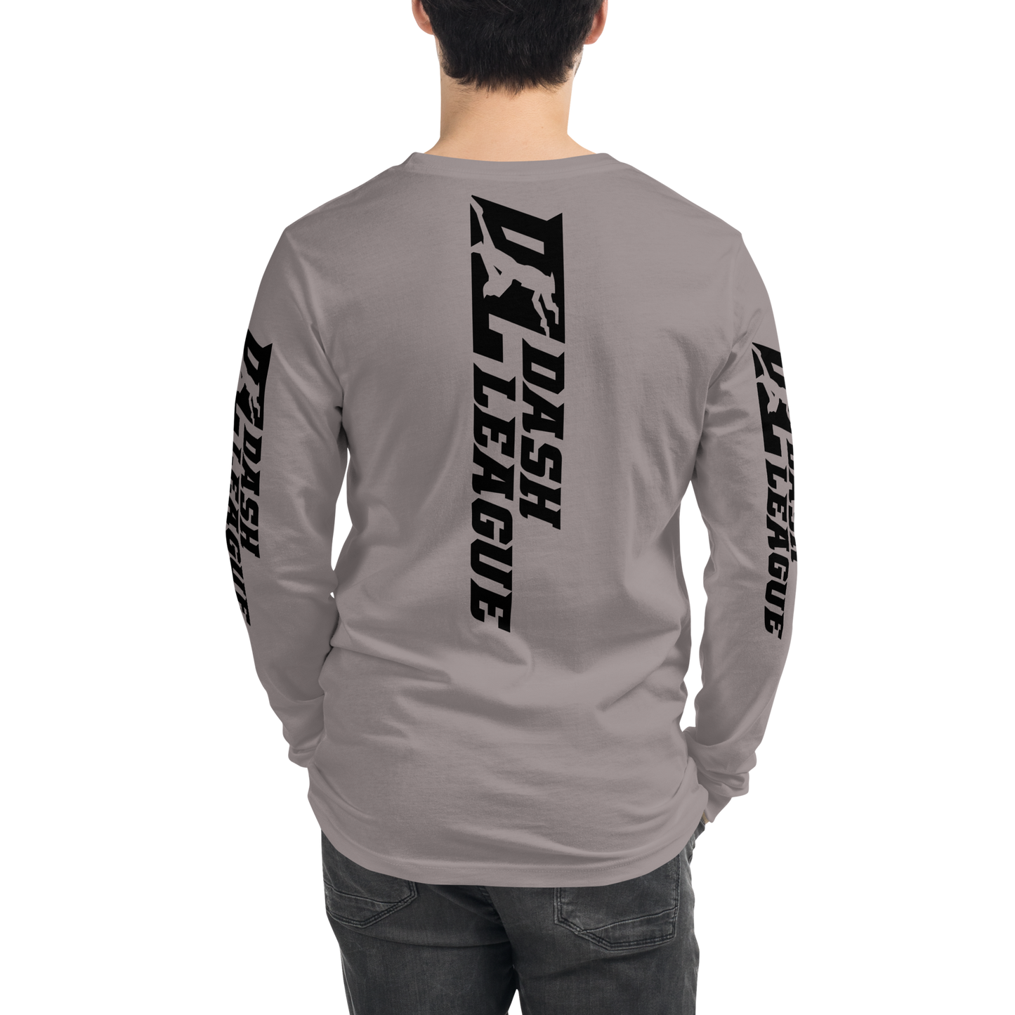 Camisa unisex de manga larga negra con logotipo DL ancho (parte delantera, trasera y mangas)