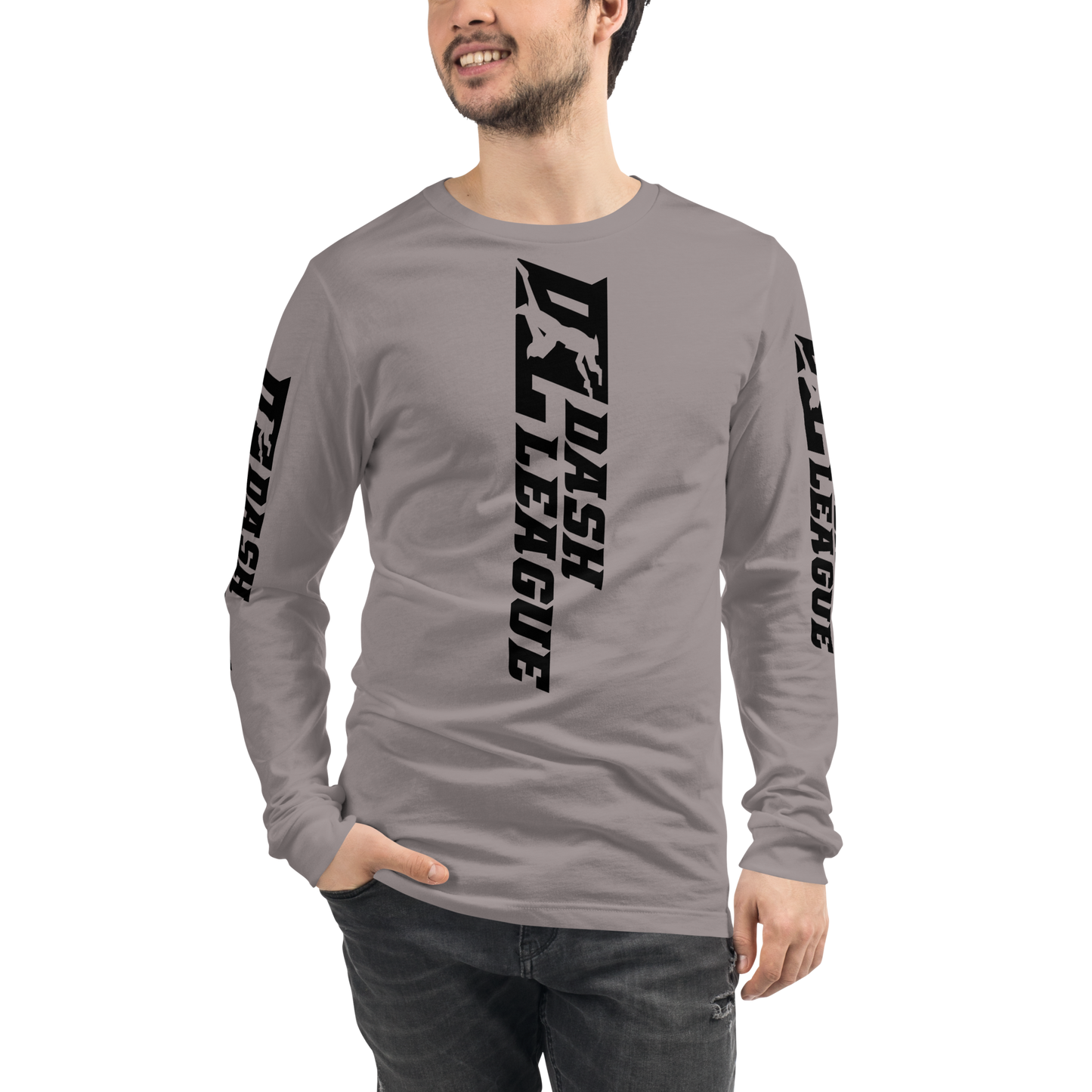 Camisa unisex de manga larga negra con logotipo DL ancho (parte delantera, trasera y mangas)