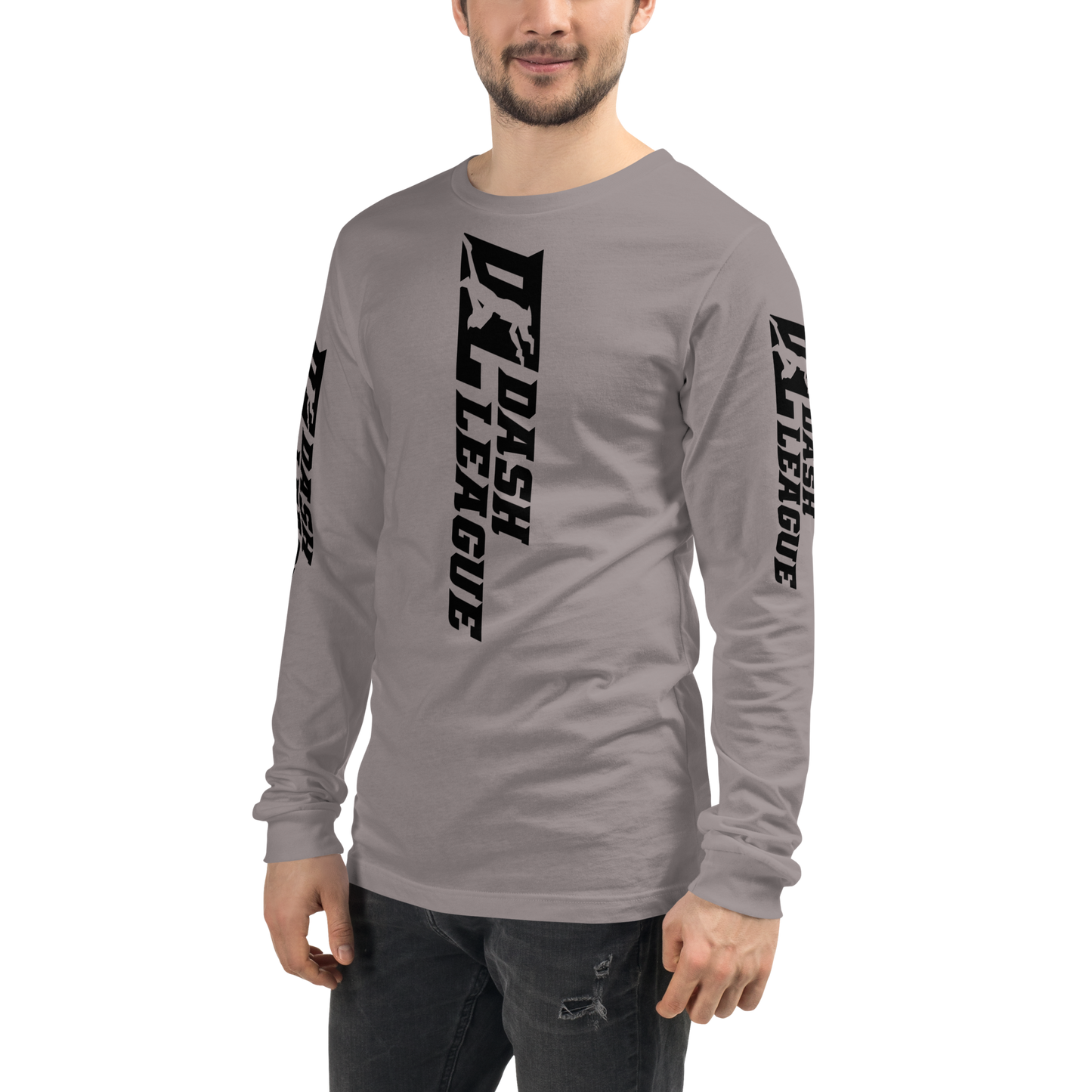 Camisa unisex de manga larga negra con logotipo DL ancho (parte delantera, trasera y mangas)