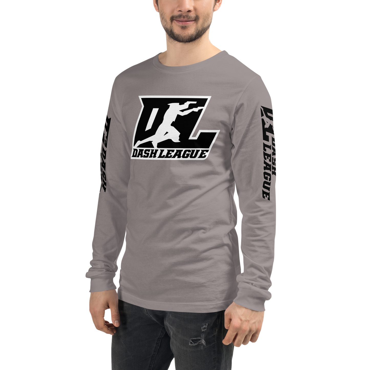 Camisa unisex de manga larga negra con logotipo DL en contorno blanco (parte delantera y mangas)