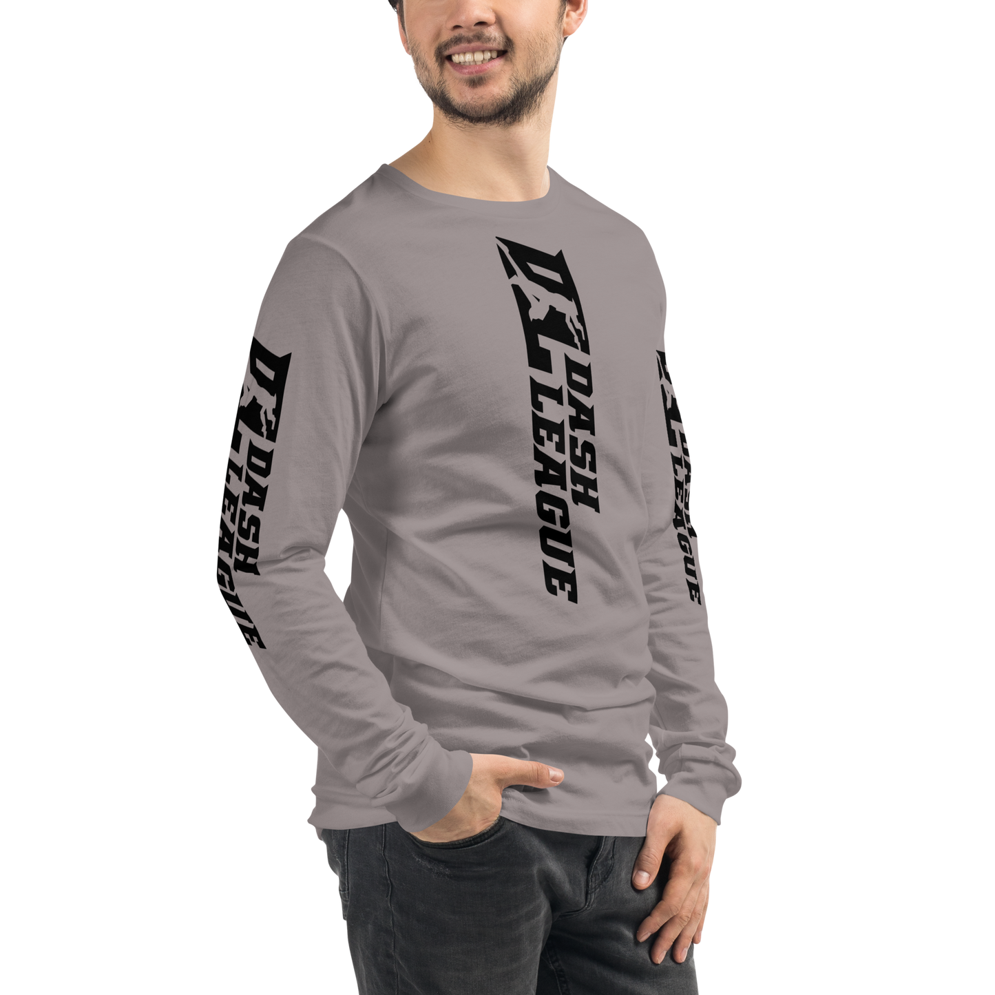 Camisa unisex de manga larga negra con logotipo DL ancho (parte delantera, trasera y mangas)