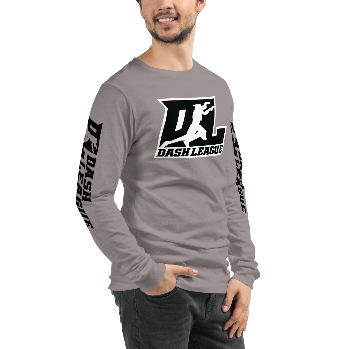 Camisa unisex de manga larga negra con logotipo DL en contorno blanco (parte delantera y mangas)