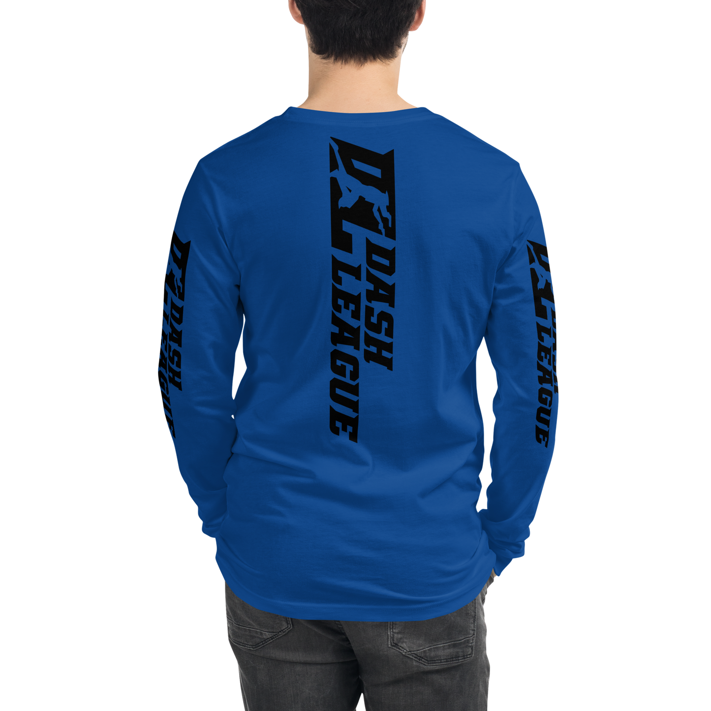 Camisa unisex de manga larga negra con logotipo DL ancho (parte delantera, trasera y mangas)