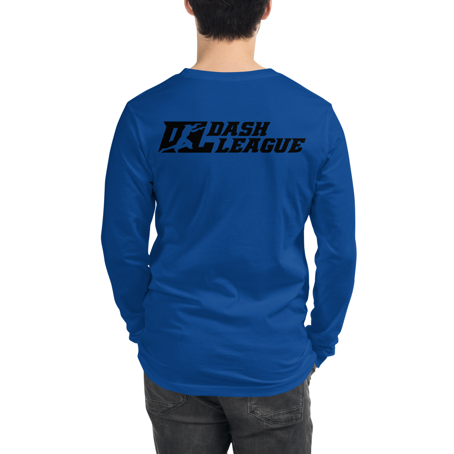 Camisa unisex de manga larga negra con logotipo DL en contorno blanco (parte delantera y trasera)