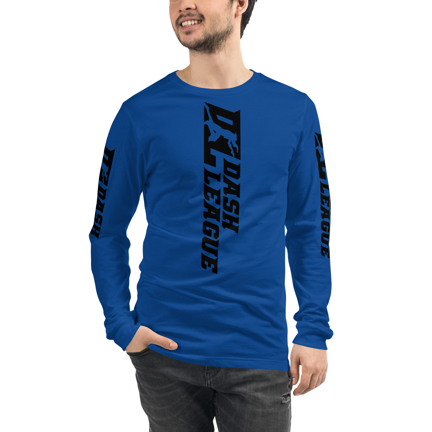 Camisa unisex de manga larga negra con logotipo DL ancho (parte delantera, trasera y mangas)