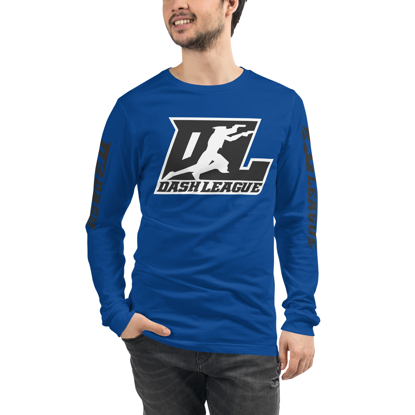 Camisa unisex de manga larga negra con logotipo DL en contorno blanco (parte delantera y mangas)
