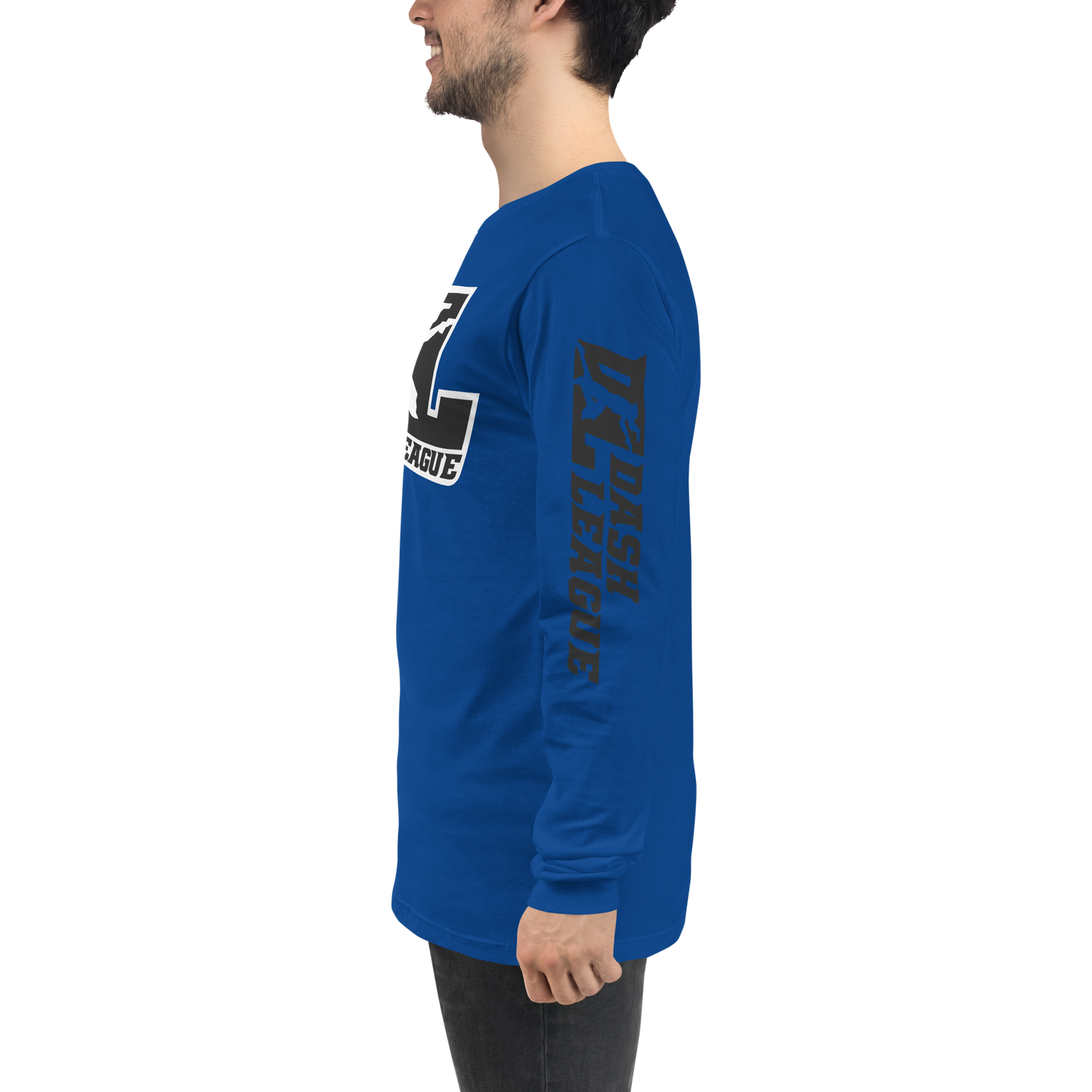Camisa unisex de manga larga negra con logotipo DL en contorno blanco (parte delantera y mangas)