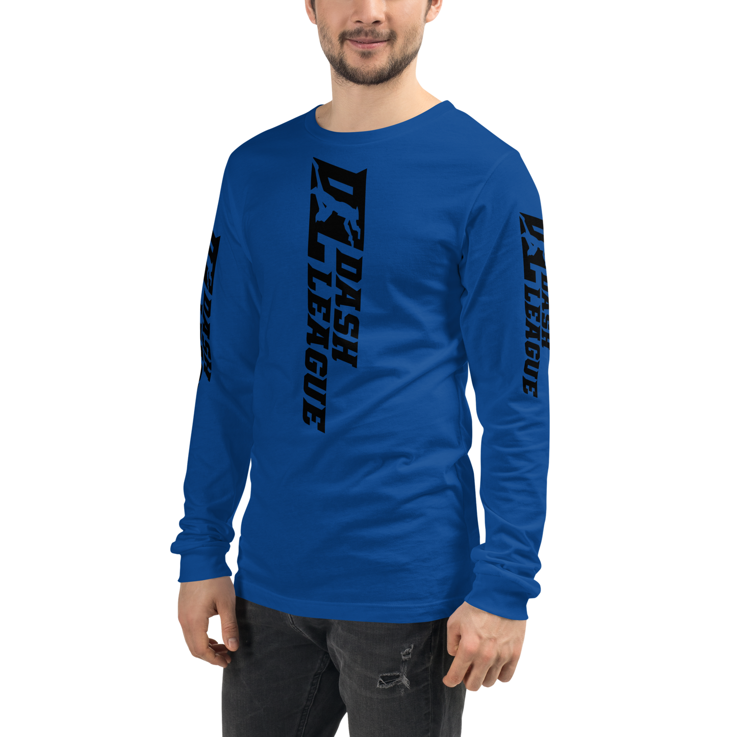 Camisa unisex de manga larga negra con logotipo DL ancho (parte delantera, trasera y mangas)