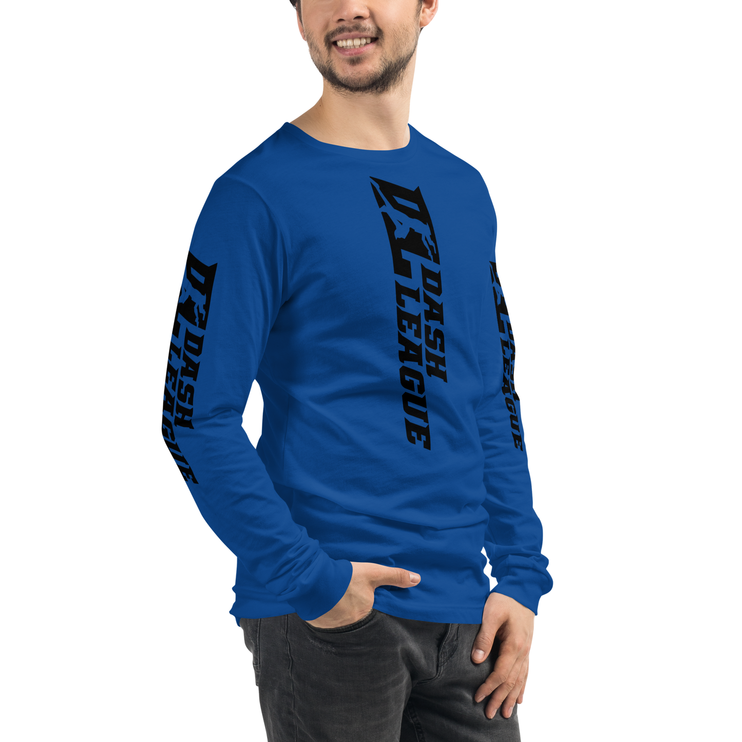 Camisa unisex de manga larga negra con logotipo DL ancho (parte delantera, trasera y mangas)