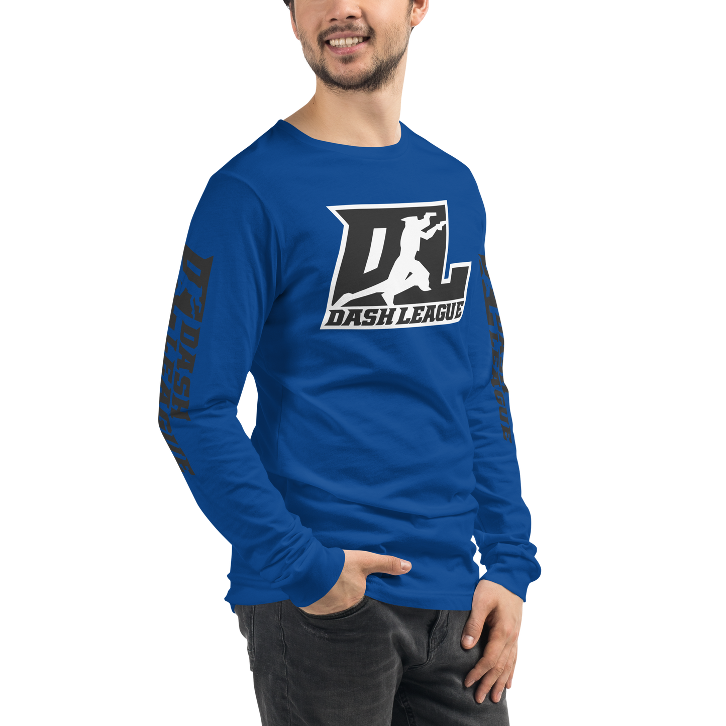 Camisa unisex de manga larga negra con logotipo DL en contorno blanco (parte delantera y mangas)