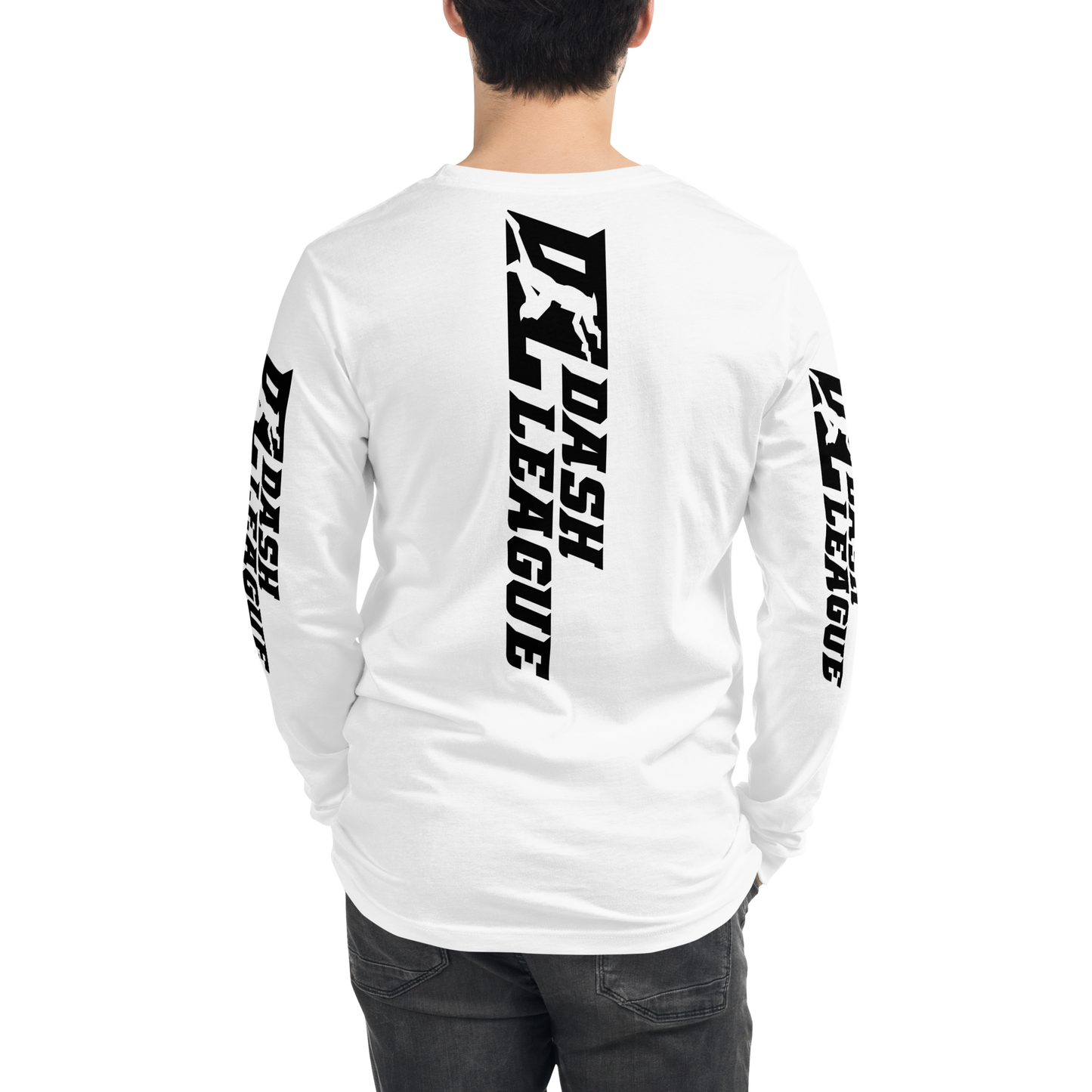 Camisa unisex de manga larga negra con logotipo DL ancho (parte delantera, trasera y mangas)