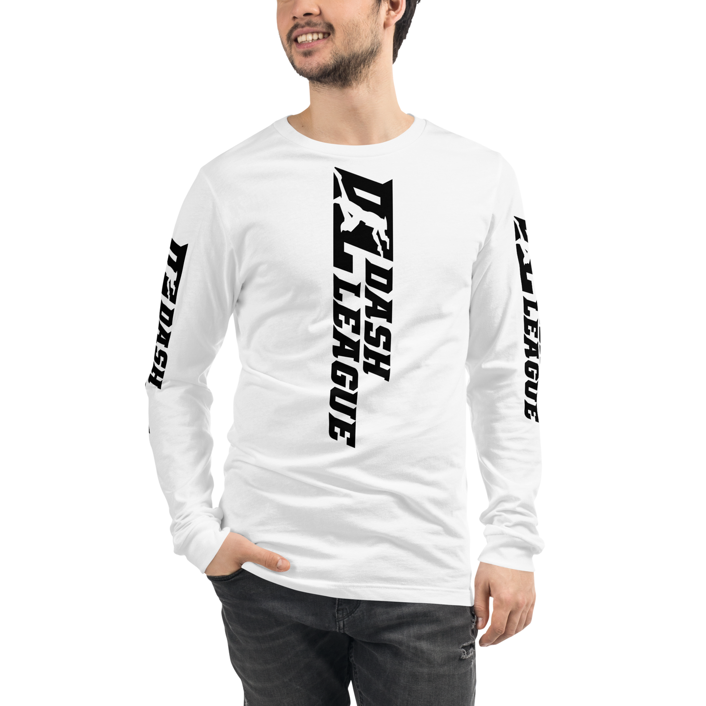 Camisa unisex de manga larga negra con logotipo DL ancho (parte delantera, trasera y mangas)
