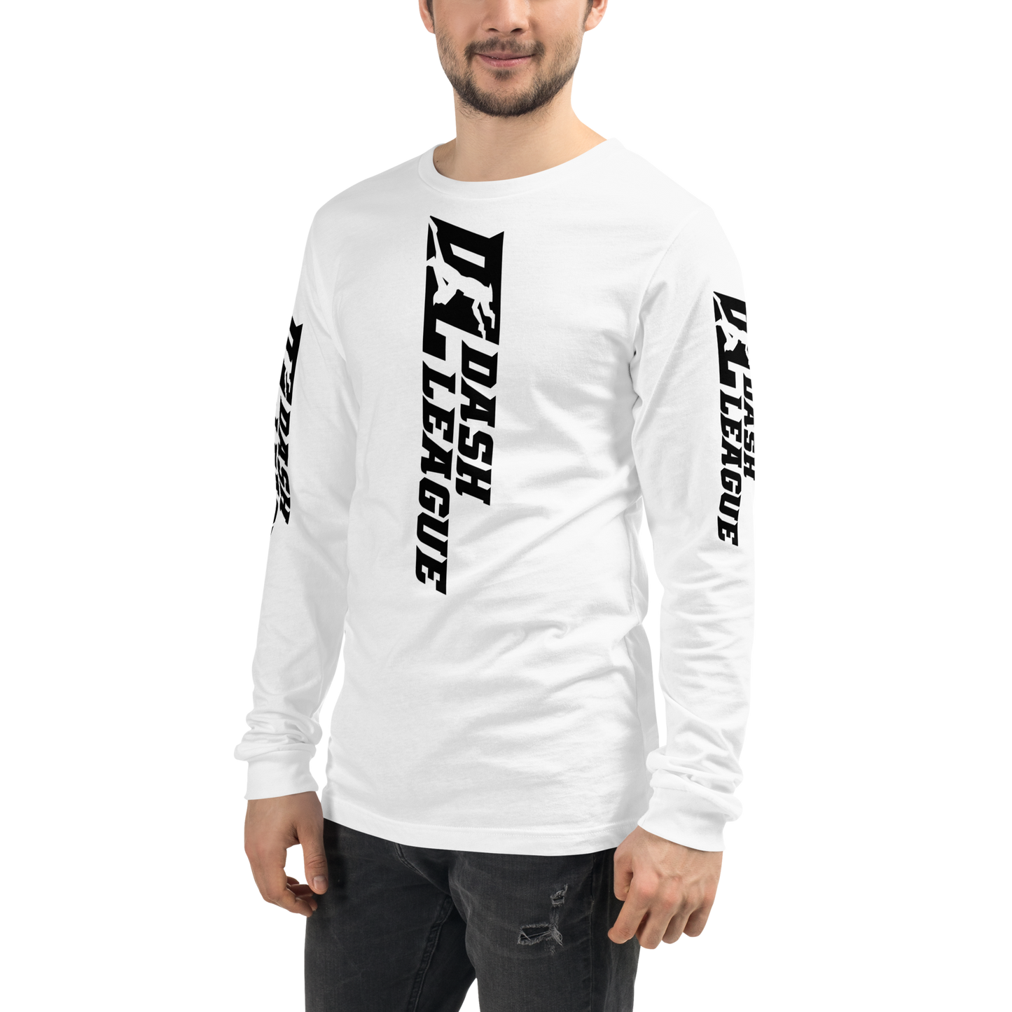 Camisa unisex de manga larga negra con logotipo DL ancho (parte delantera, trasera y mangas)