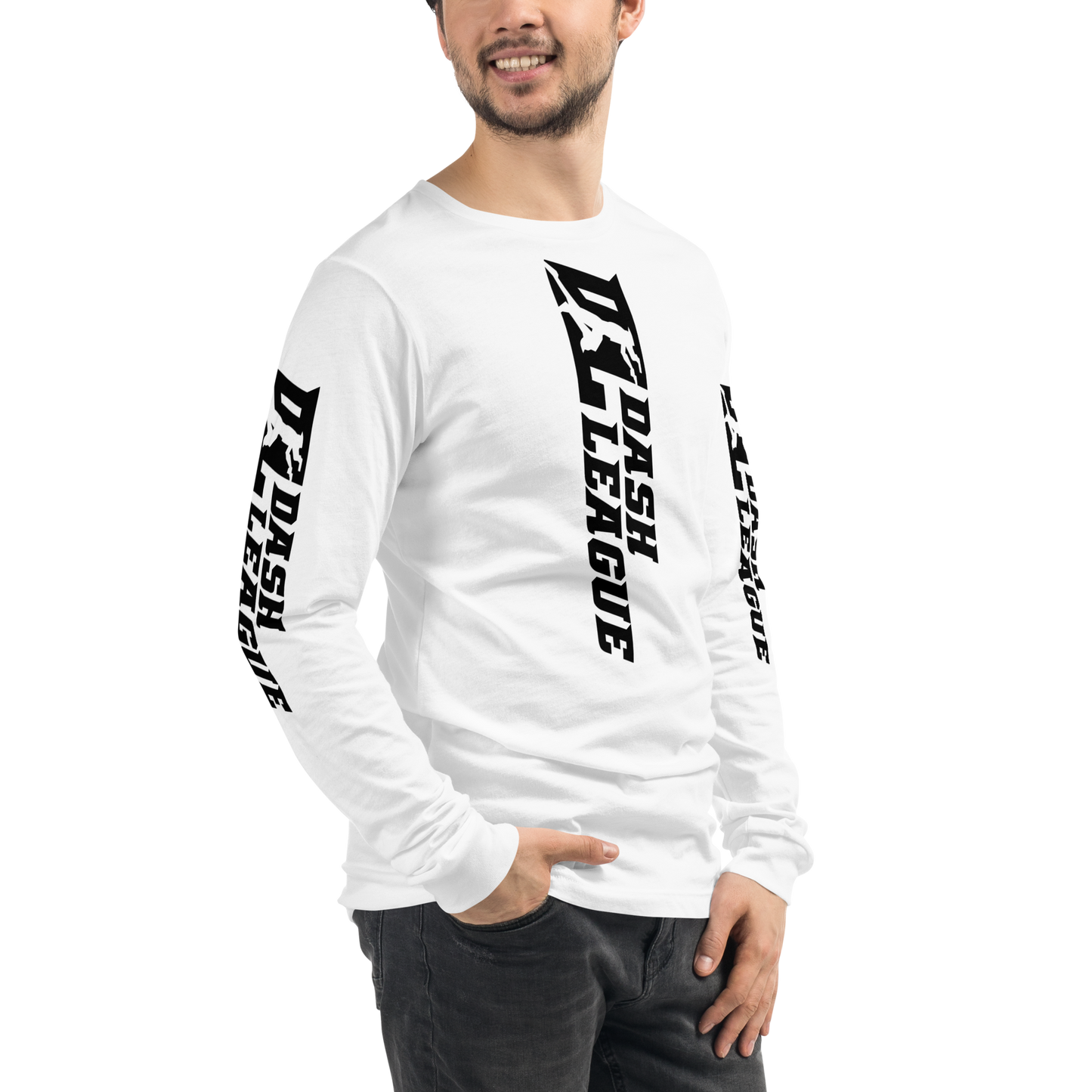 Camisa unisex de manga larga negra con logotipo DL ancho (parte delantera, trasera y mangas)