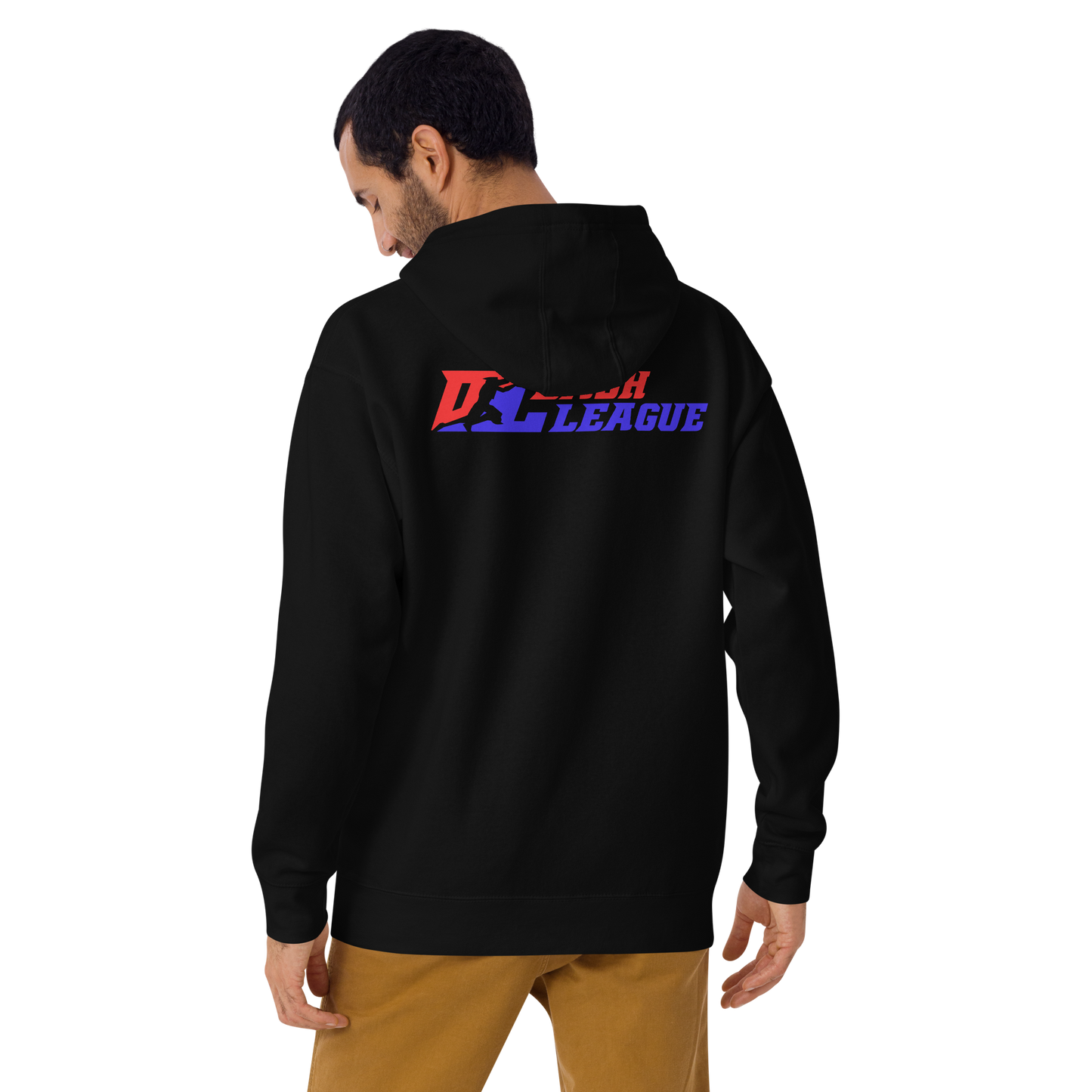 Sudadera unisex con capucha y logotipo DL de color ancho (delante y detrás)