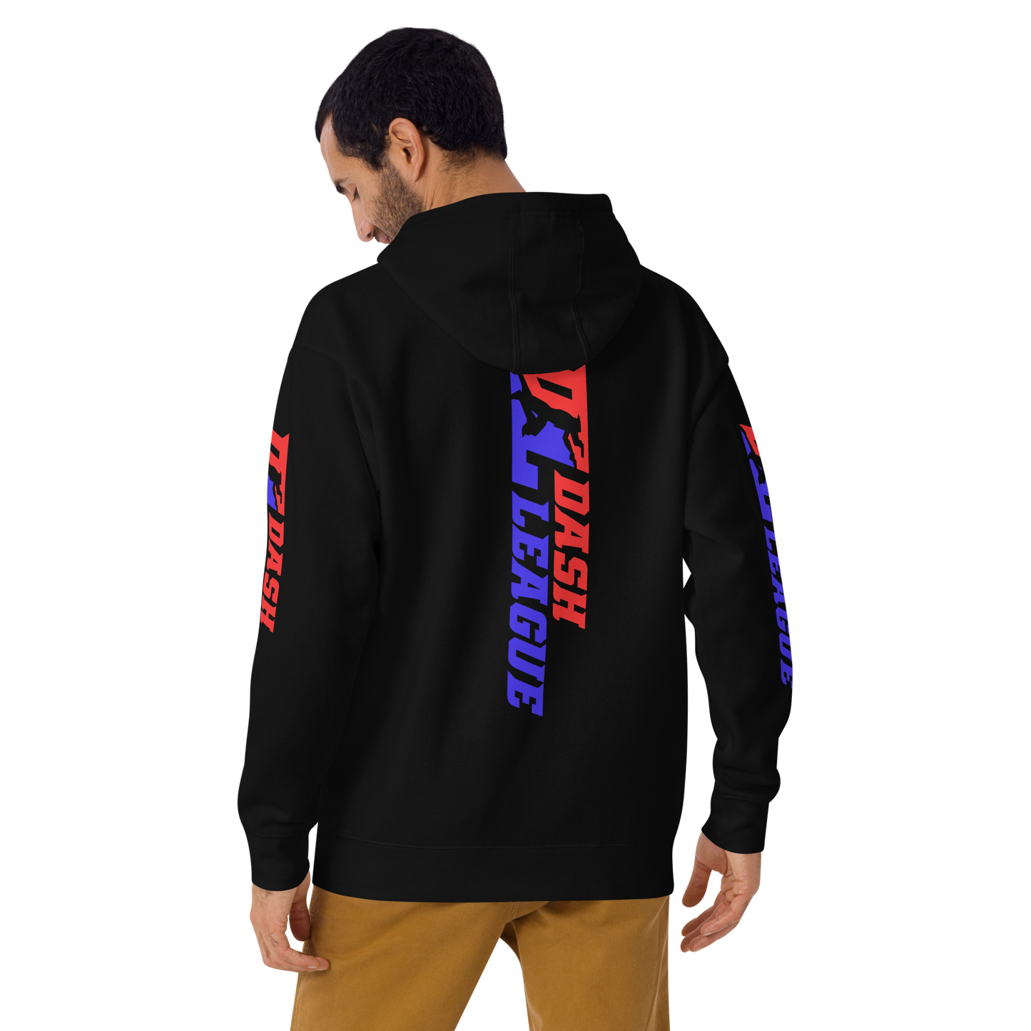 Sudadera unisex con capucha y logotipo DL de color ancho (parte delantera, trasera y mangas)