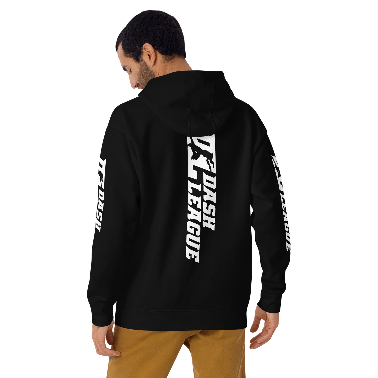 Sudadera unisex con capucha blanca y logotipo DL ancho (parte delantera, trasera y mangas)