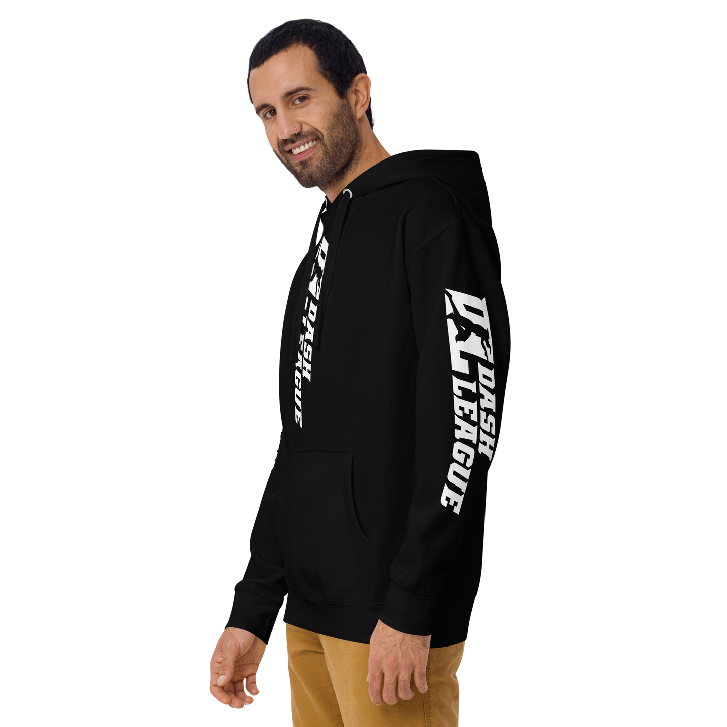 Sudadera unisex con capucha blanca y logotipo DL ancho (parte delantera, trasera y mangas)