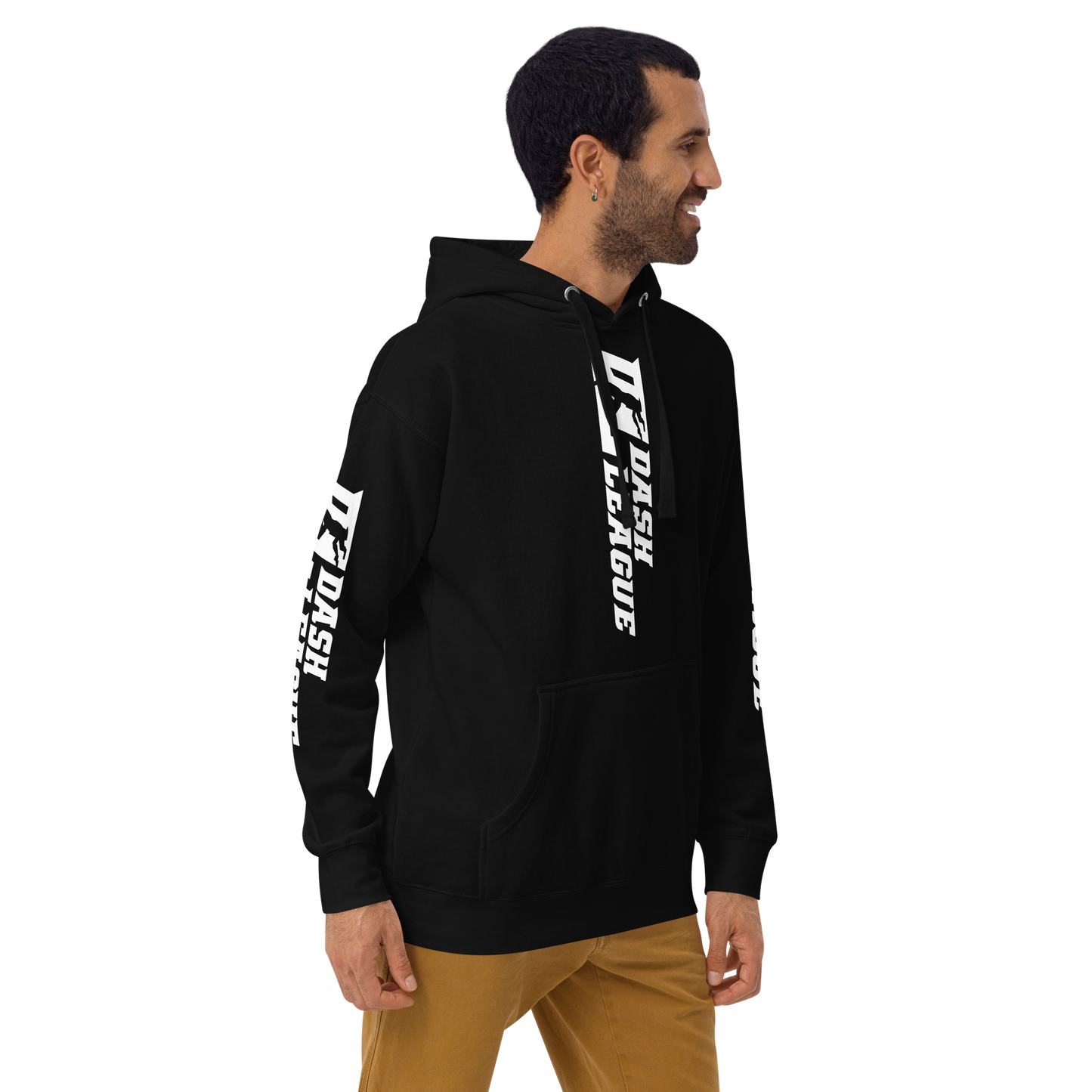 Sudadera unisex con capucha blanca y logotipo DL ancho (parte delantera, trasera y mangas)
