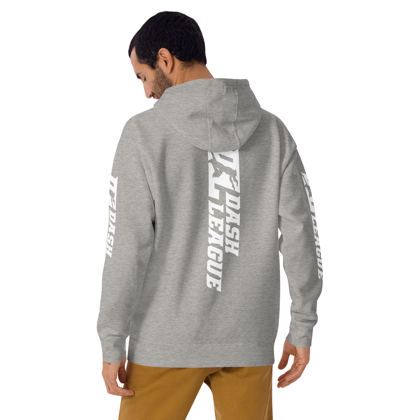 Sudadera unisex con capucha blanca y logotipo DL ancho (parte delantera, trasera y mangas)