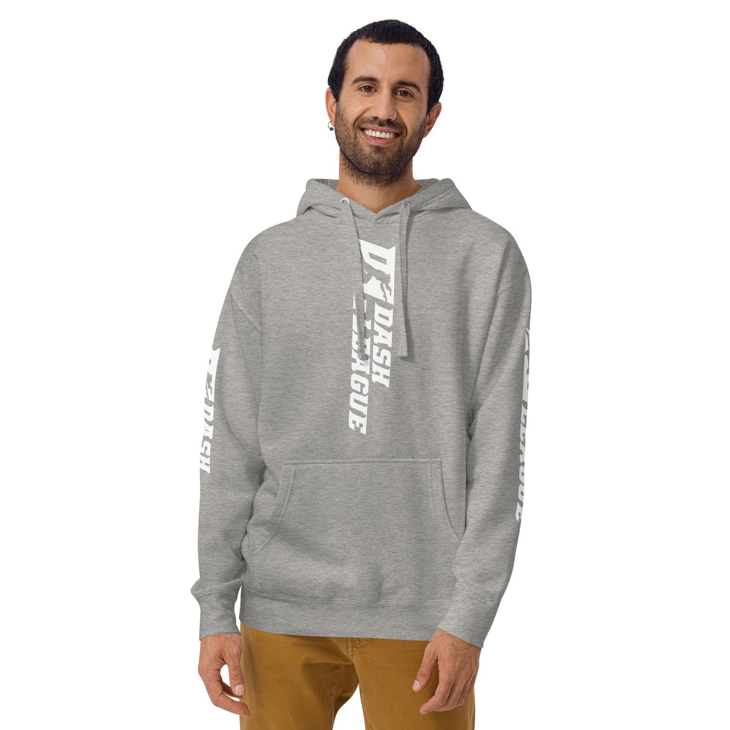 Sudadera unisex con capucha blanca y logotipo DL ancho (parte delantera, trasera y mangas)