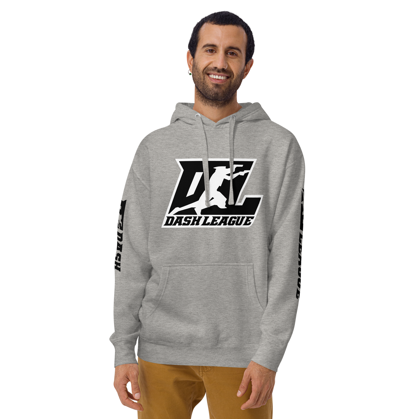 Sudadera unisex negra con logotipo DL en contorno blanco (parte delantera y mangas)
