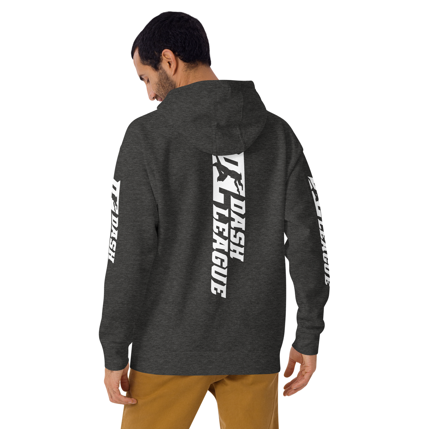 Sudadera unisex con capucha blanca y logotipo DL ancho (parte delantera, trasera y mangas)