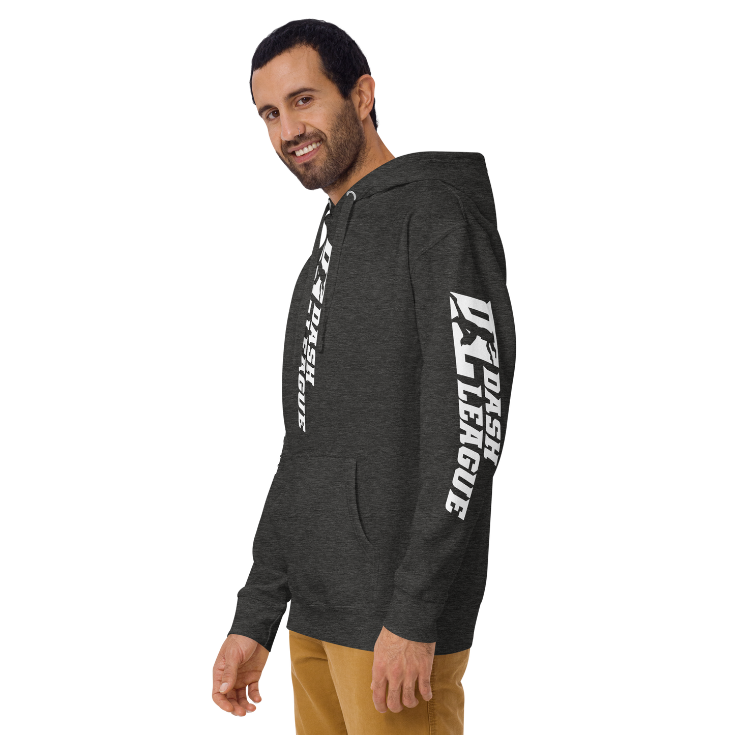 Sudadera unisex con capucha blanca y logotipo DL ancho (parte delantera, trasera y mangas)