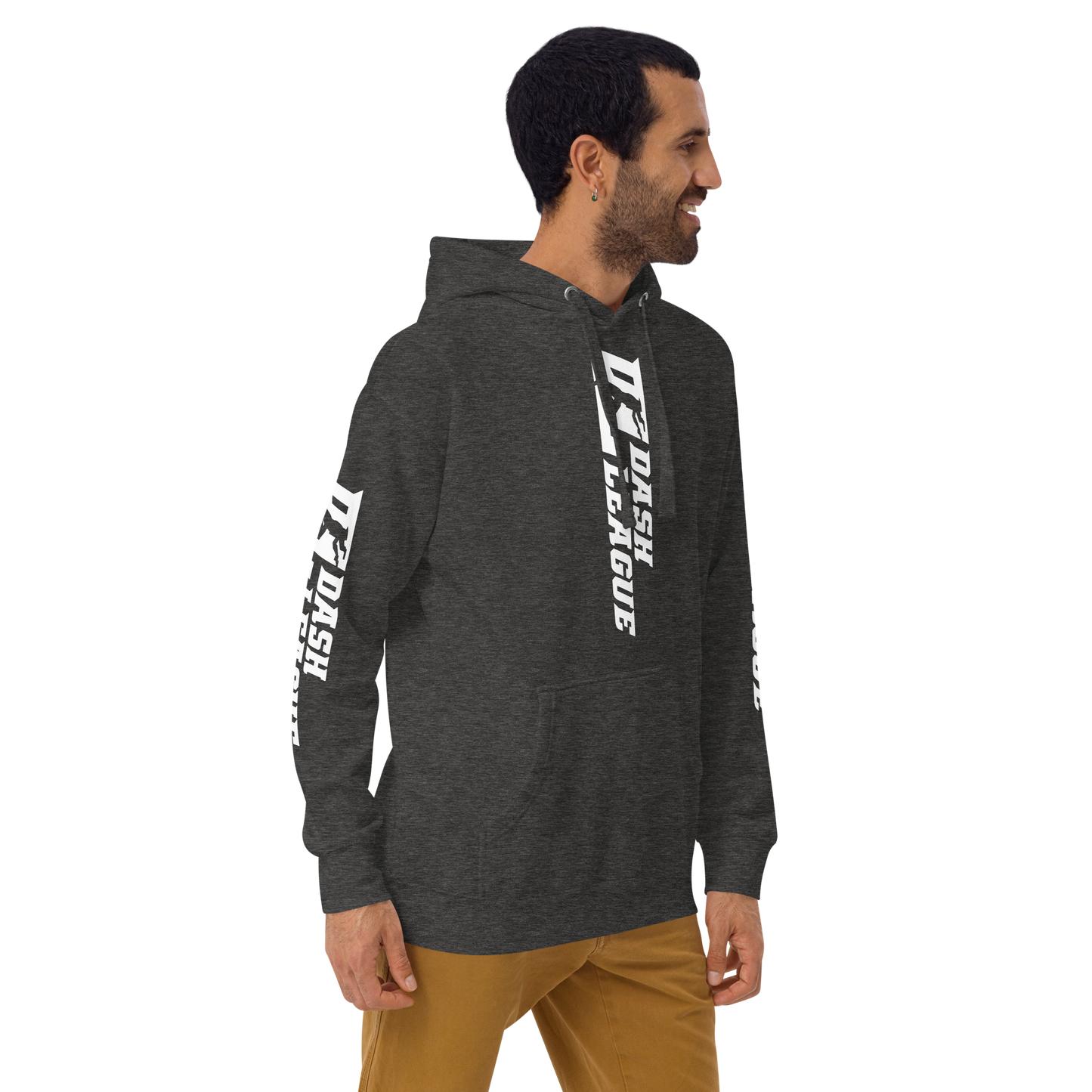 Sudadera unisex con capucha blanca y logotipo DL ancho (parte delantera, trasera y mangas)