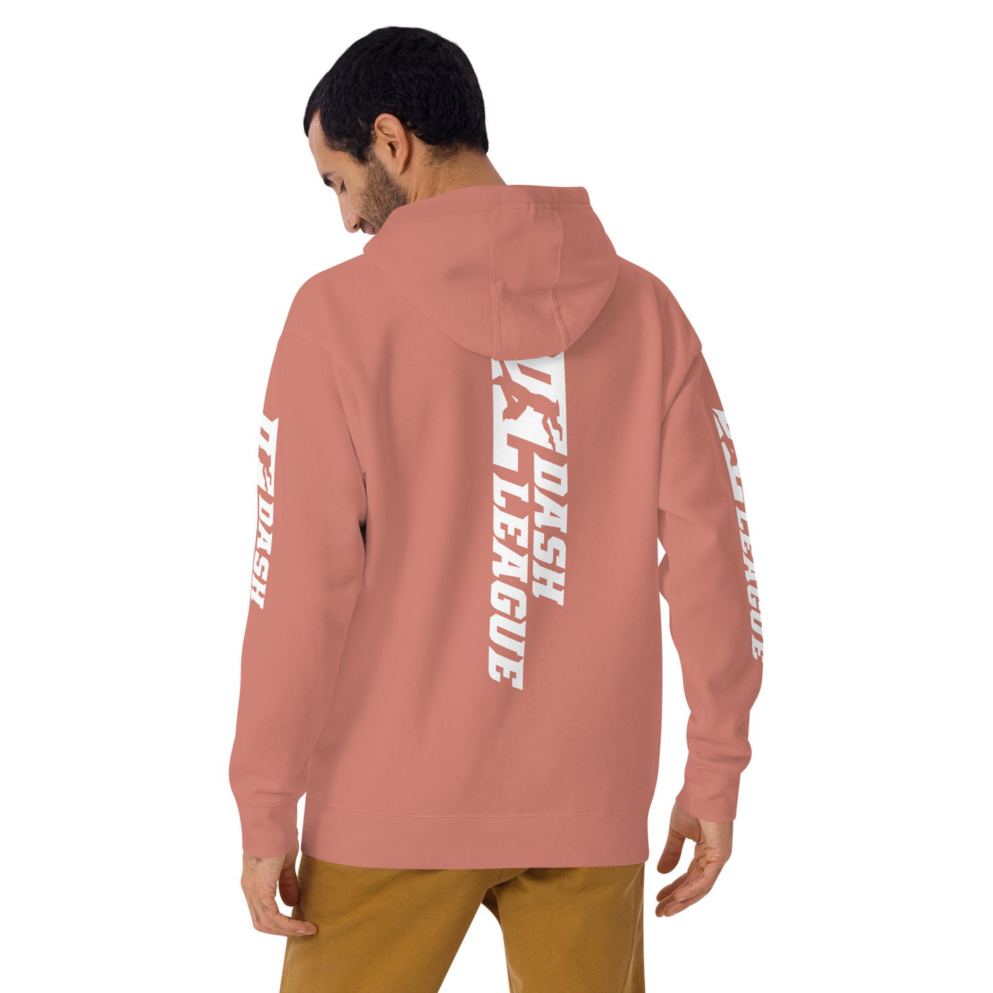 Sudadera unisex con capucha blanca y logotipo DL ancho (parte delantera, trasera y mangas)