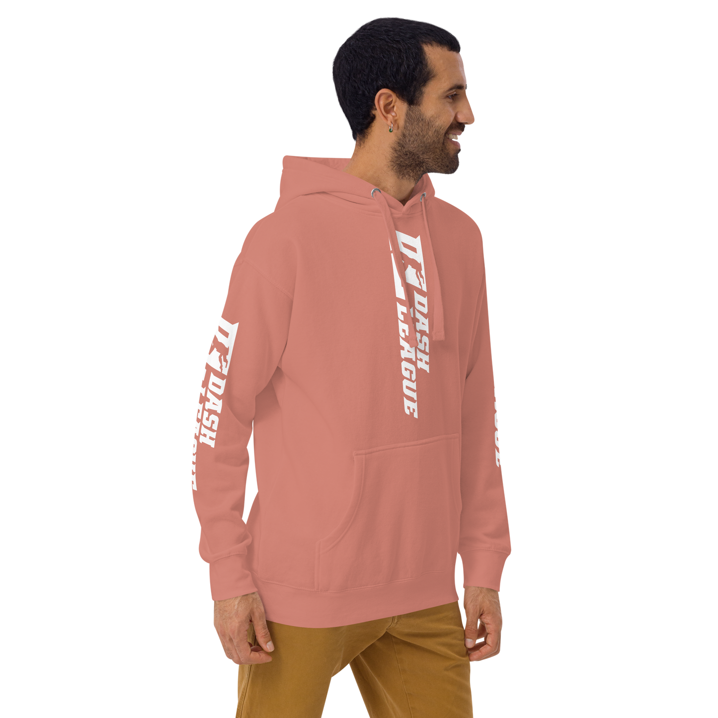 Sudadera unisex con capucha blanca y logotipo DL ancho (parte delantera, trasera y mangas)