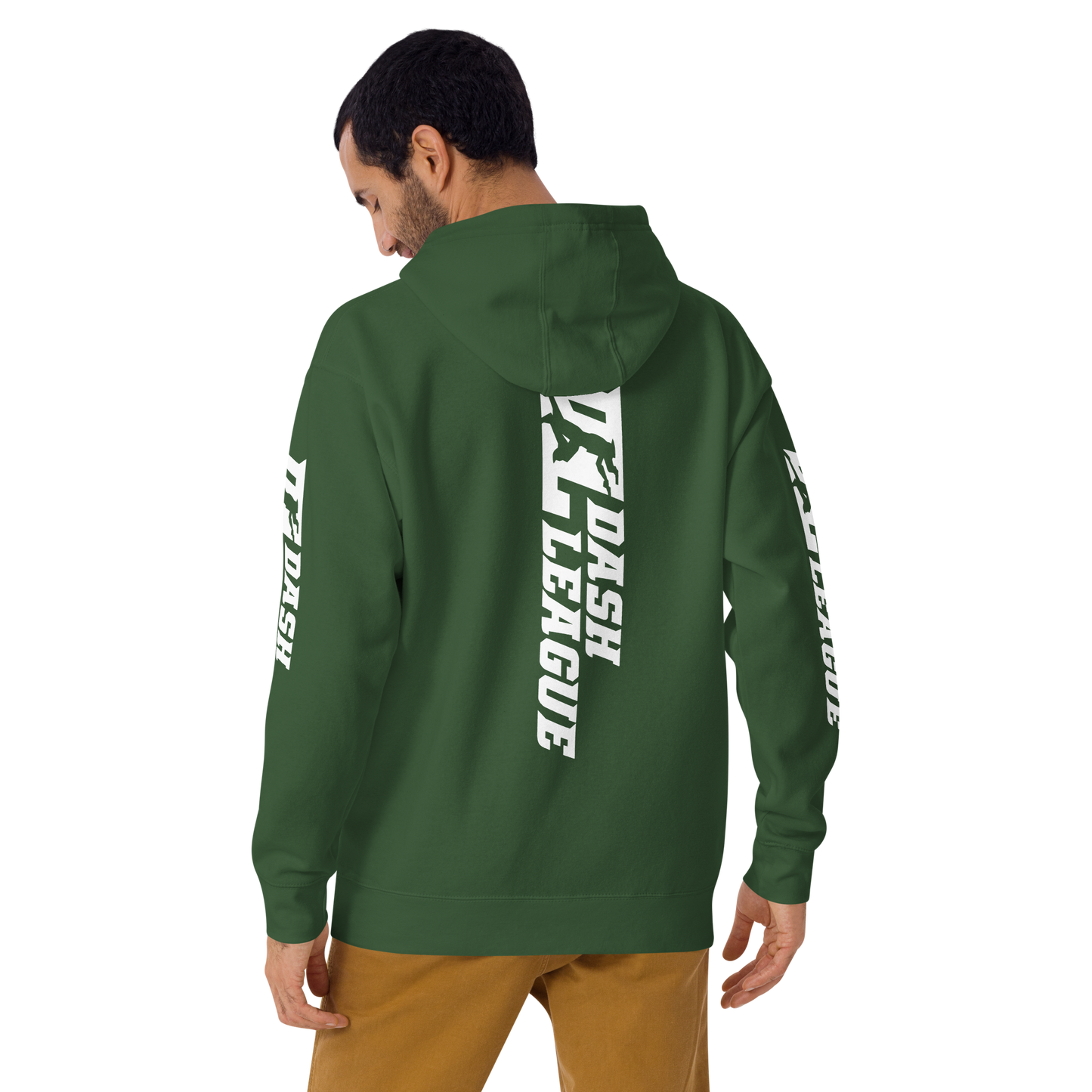 Sudadera unisex con capucha blanca y logotipo DL ancho (parte delantera, trasera y mangas)