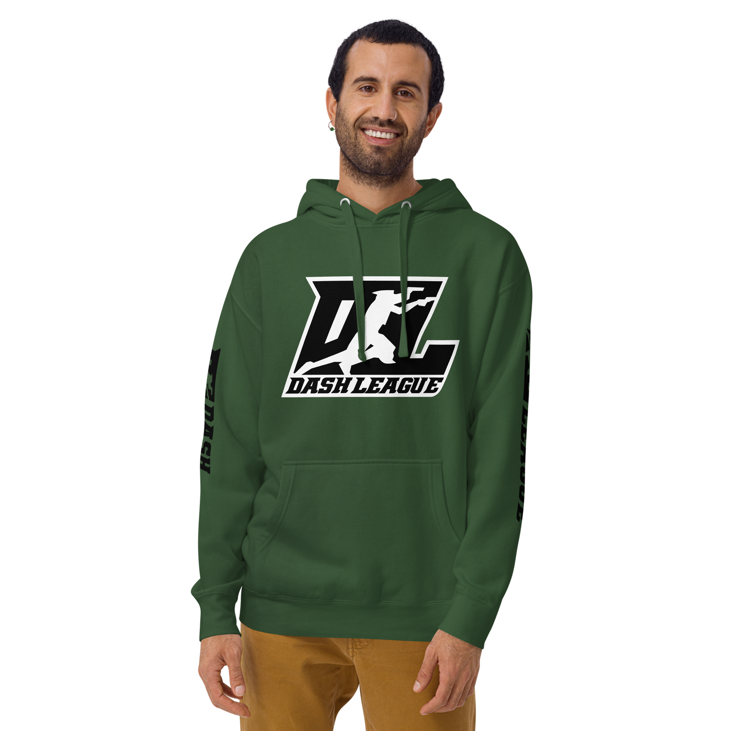 Sudadera unisex negra con logotipo DL en contorno blanco (parte delantera y mangas)
