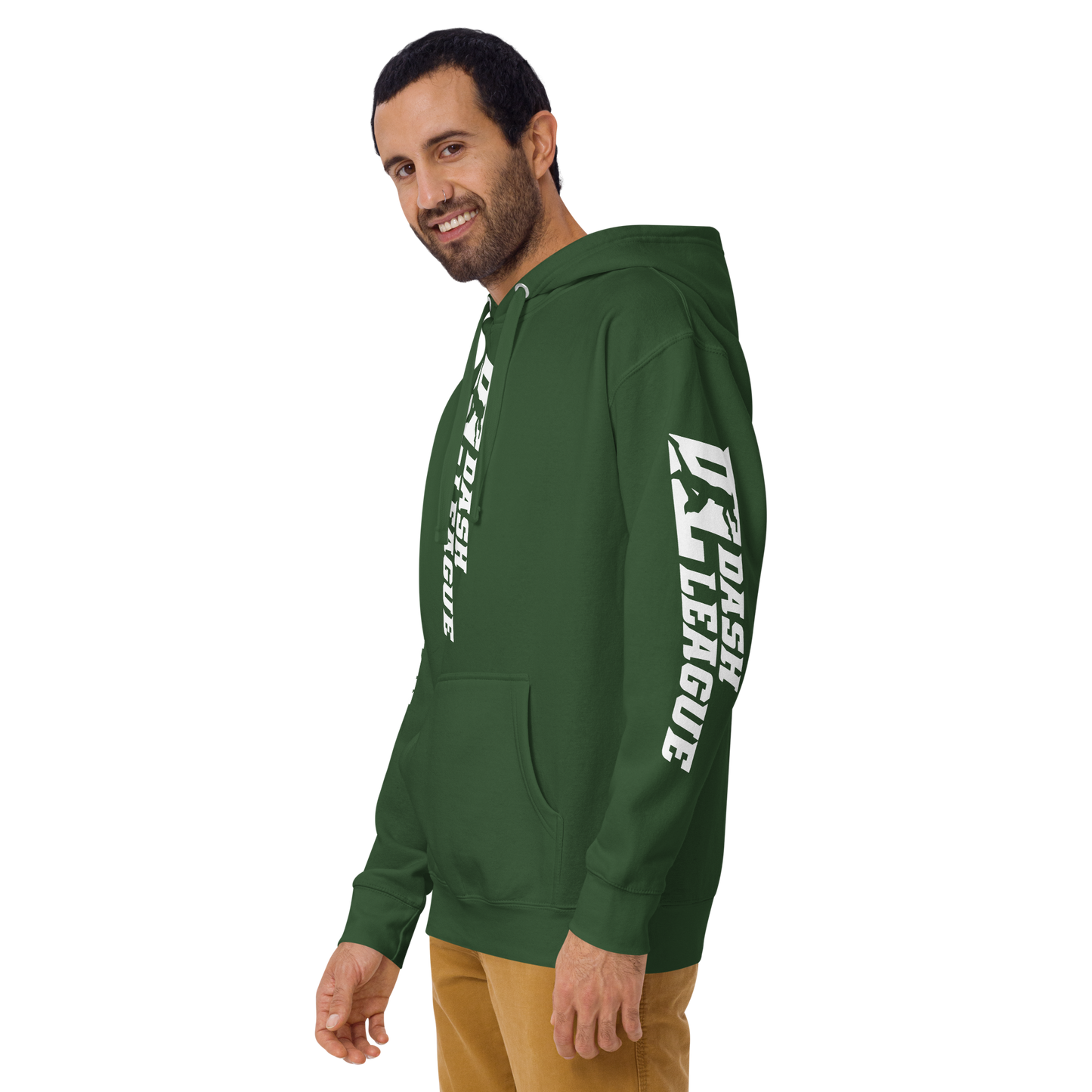 Sudadera unisex con capucha blanca y logotipo DL ancho (parte delantera, trasera y mangas)