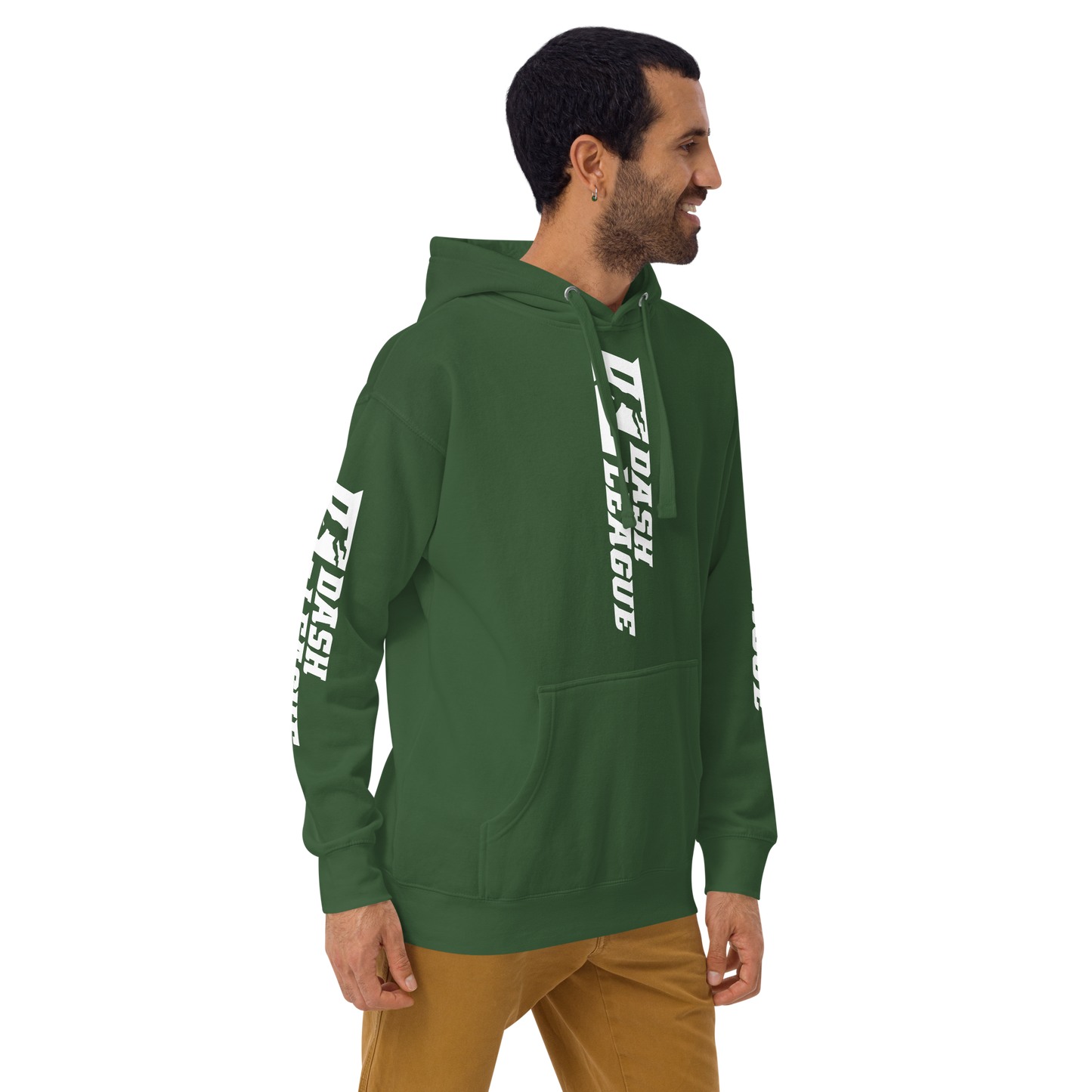 Sudadera unisex con capucha blanca y logotipo DL ancho (parte delantera, trasera y mangas)
