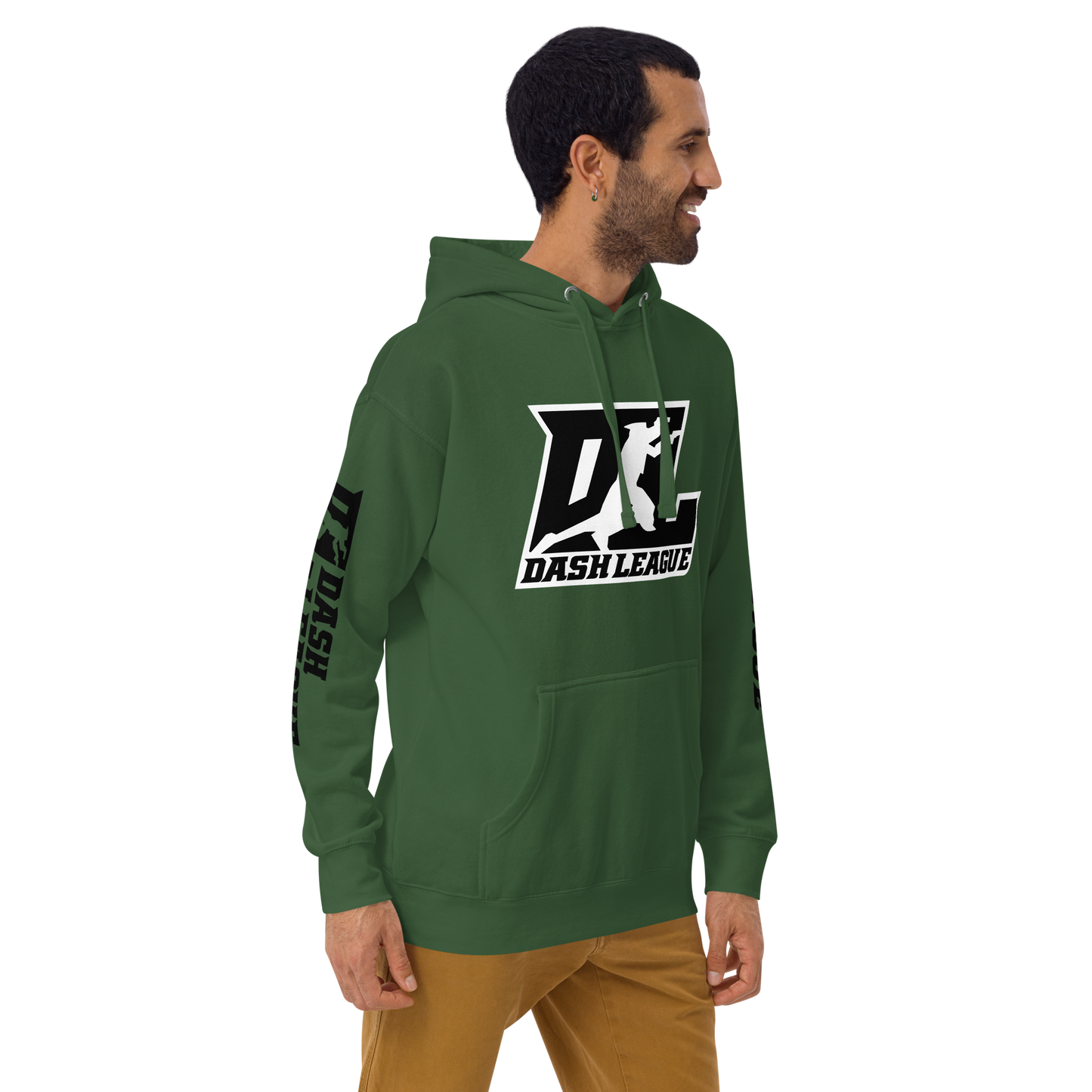 Sudadera unisex negra con logotipo DL en contorno blanco (parte delantera y mangas)
