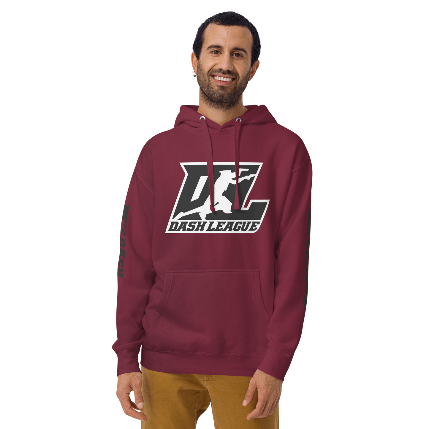 Sudadera unisex negra con logotipo DL en contorno blanco (parte delantera y mangas)