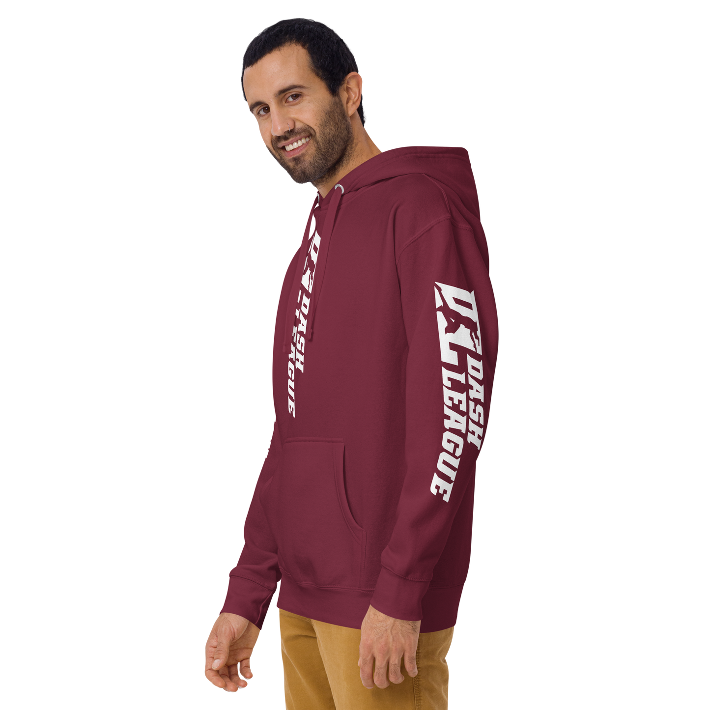 Sudadera unisex con capucha blanca y logotipo DL ancho (parte delantera, trasera y mangas)