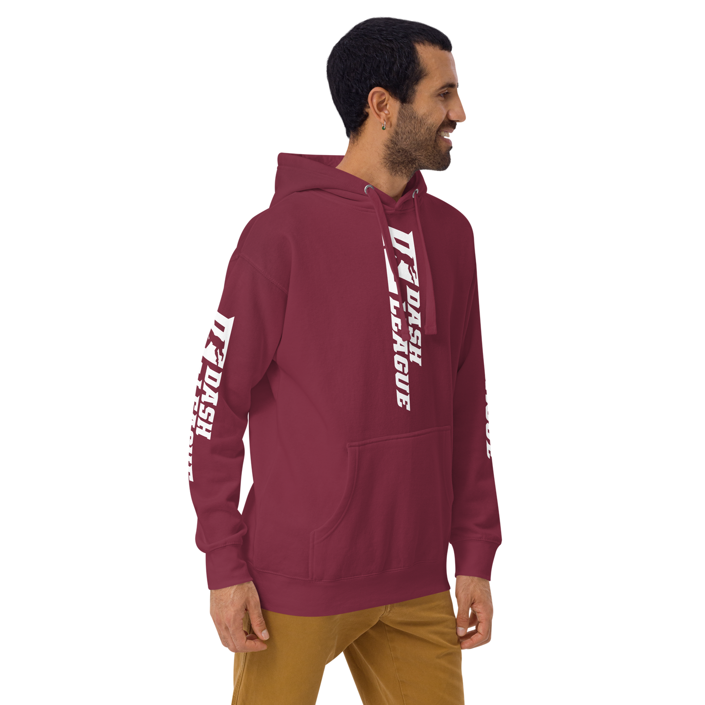 Sudadera unisex con capucha blanca y logotipo DL ancho (parte delantera, trasera y mangas)