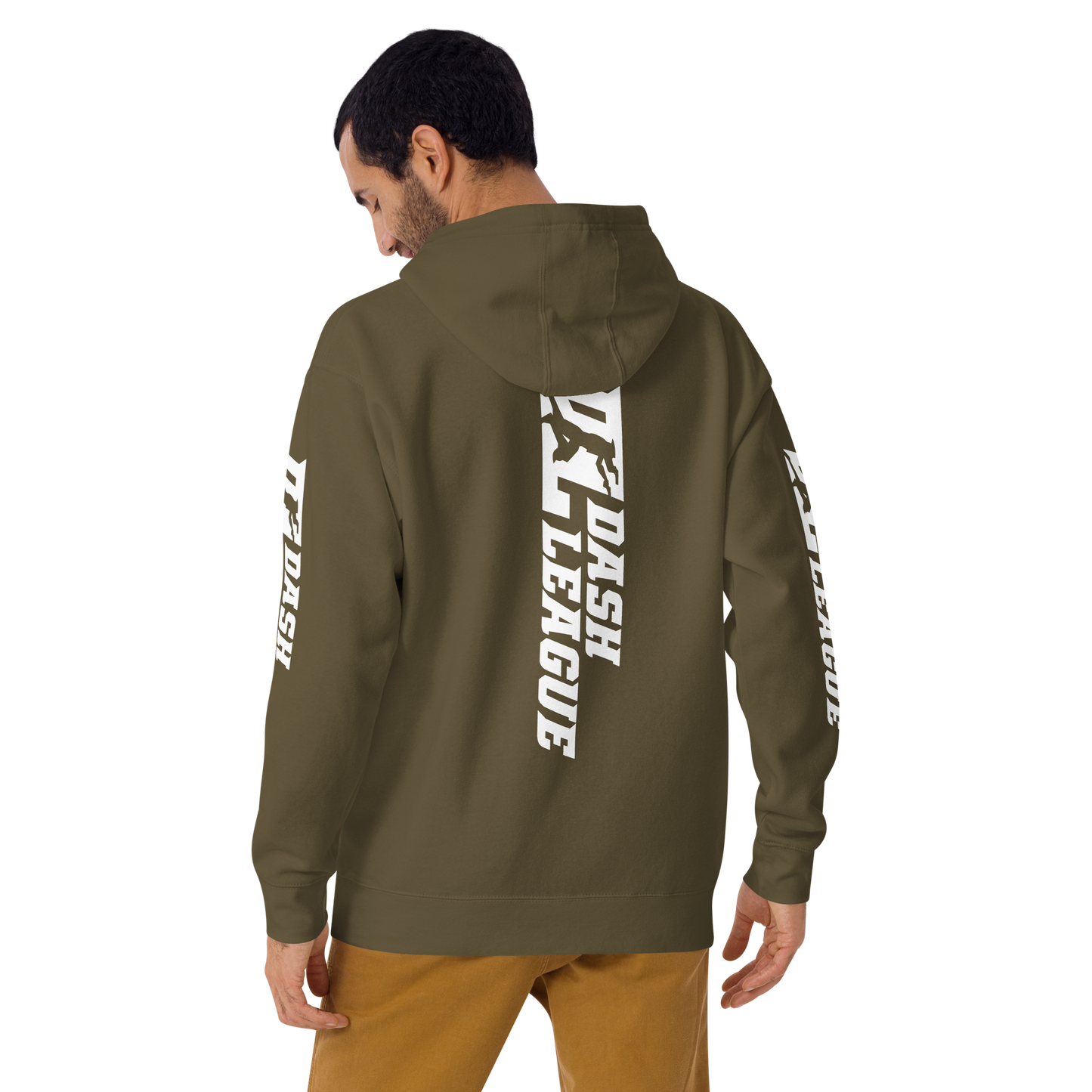 Sudadera unisex con capucha blanca y logotipo DL ancho (parte delantera, trasera y mangas)
