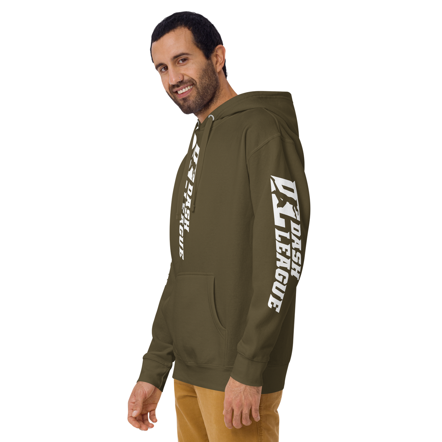 Sudadera unisex con capucha blanca y logotipo DL ancho (parte delantera, trasera y mangas)
