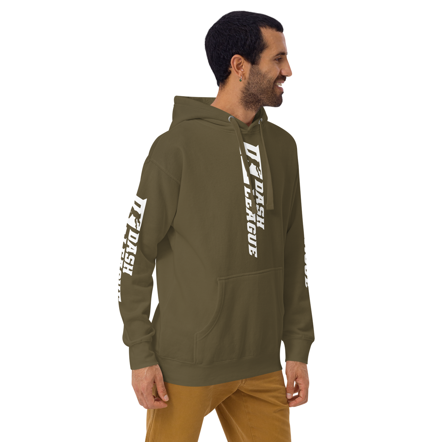 Sudadera unisex con capucha blanca y logotipo DL ancho (parte delantera, trasera y mangas)